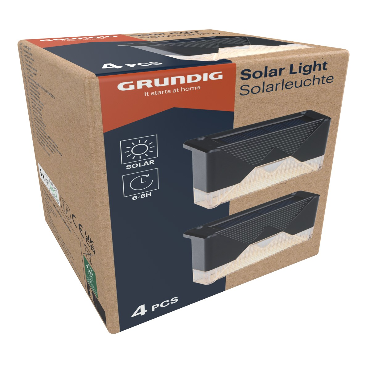 Cardboard box packaging for 4 Grundig solar lights. Features solar power icon and 6-8H charge time.