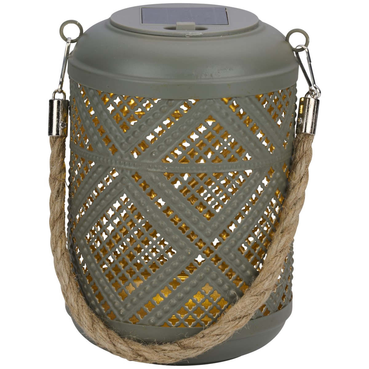 Gray solar lantern with woven rope and diamond pattern.