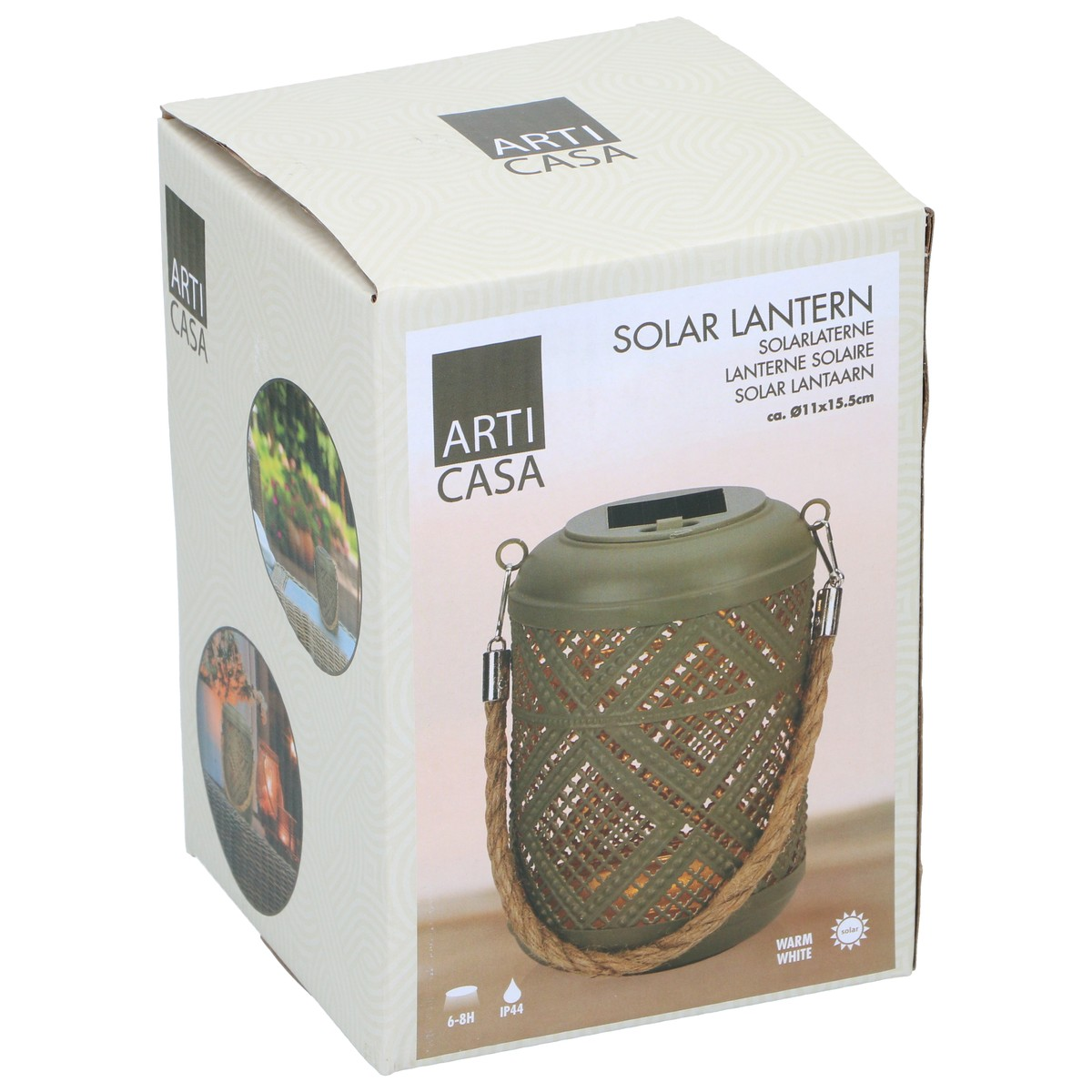 Box of a green solar lantern with rope handle and warm white light.