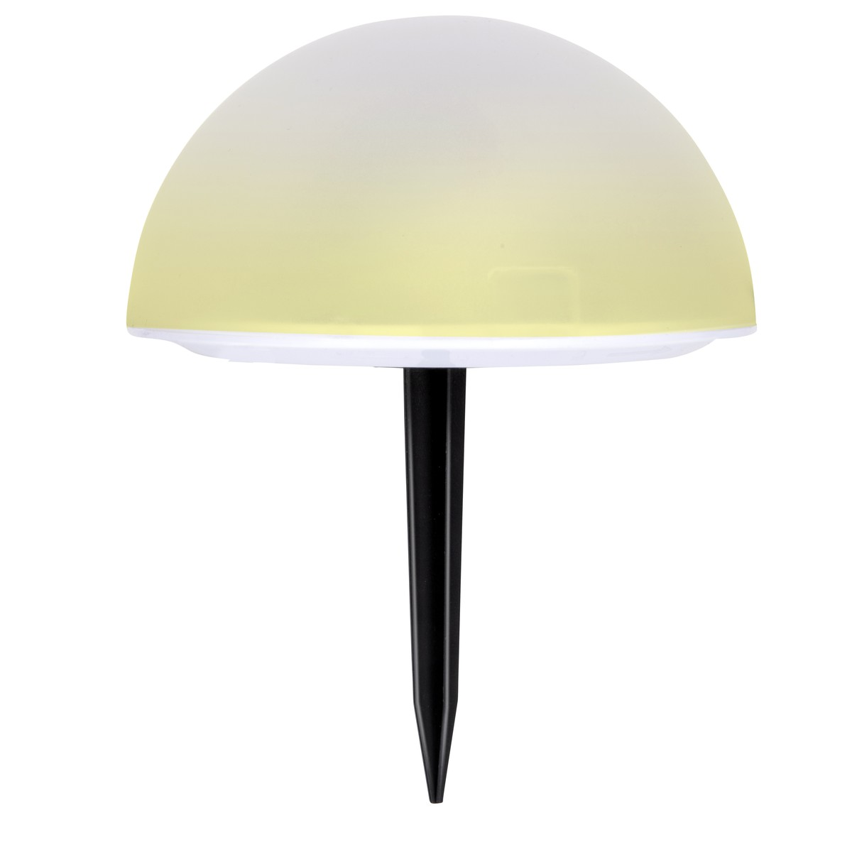 A mushroom-shaped lamp with a black ground stake and yellow-white lampshade.