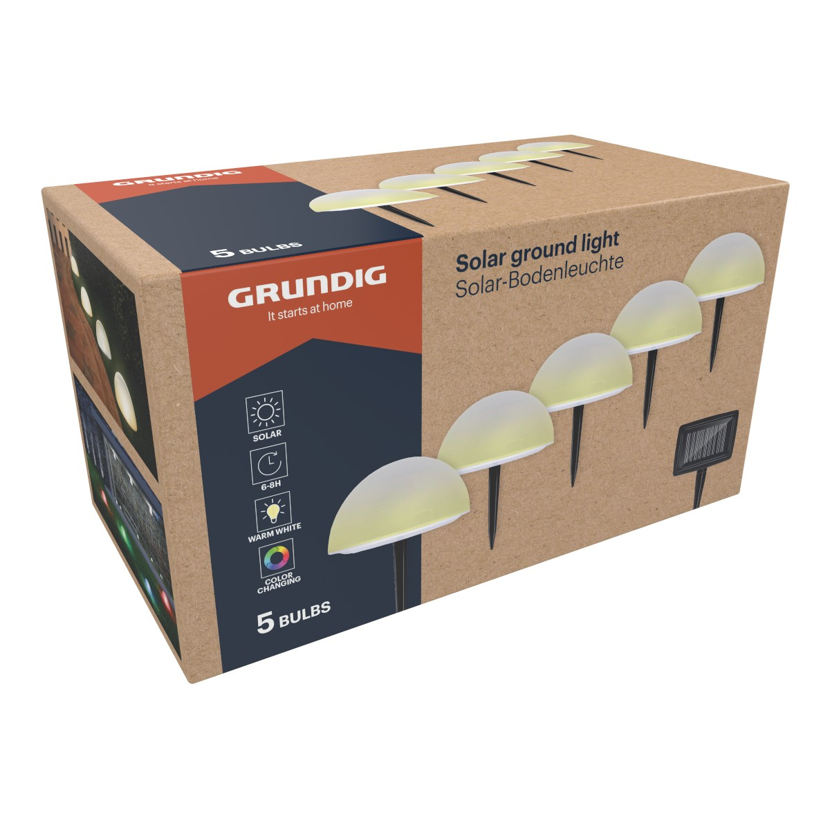 Grundig 5 bulbs solar ground lights pack with bulb icons and solar panel.