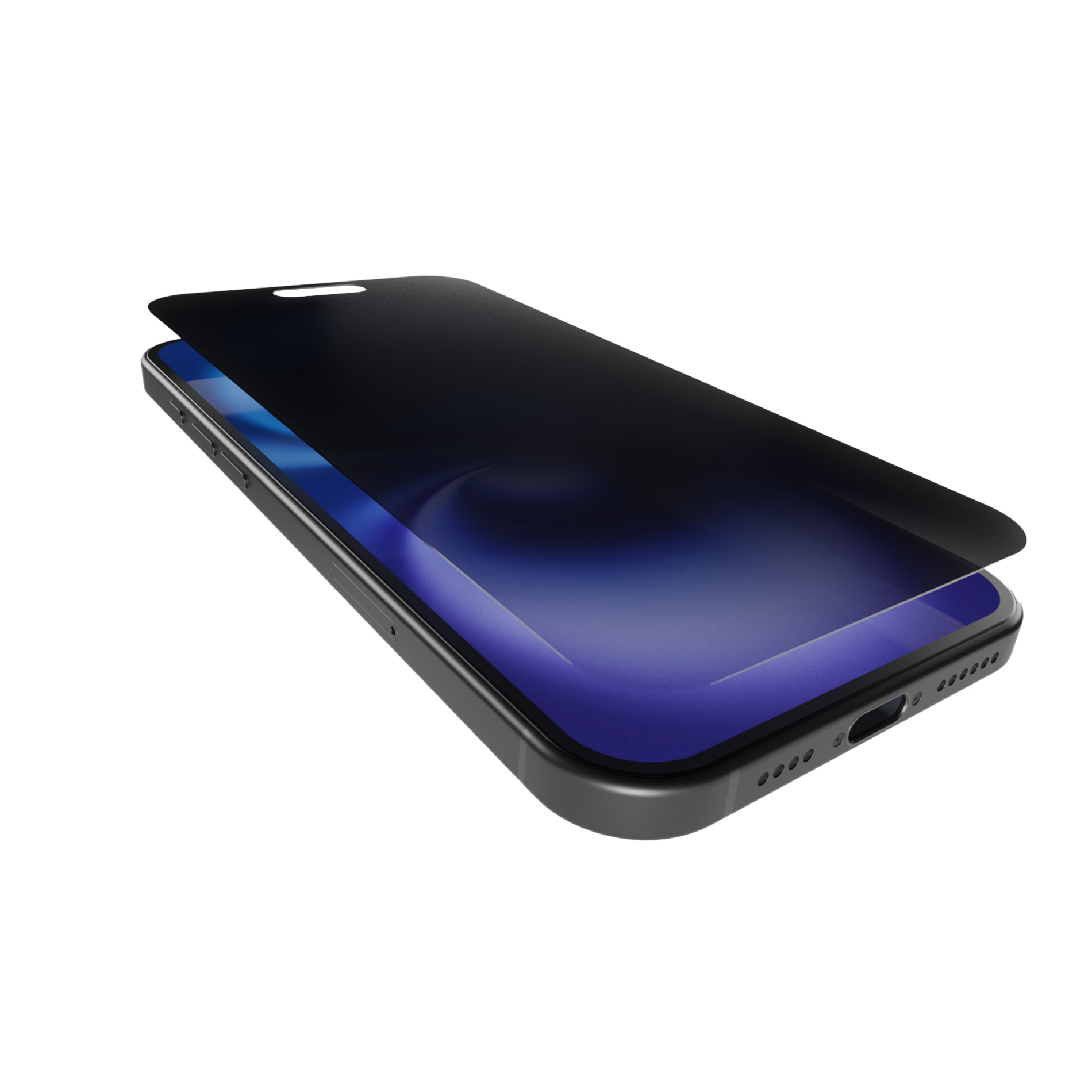 Un protector de pantalla de privacidad negro está sobre un smartphone con pantalla azul.