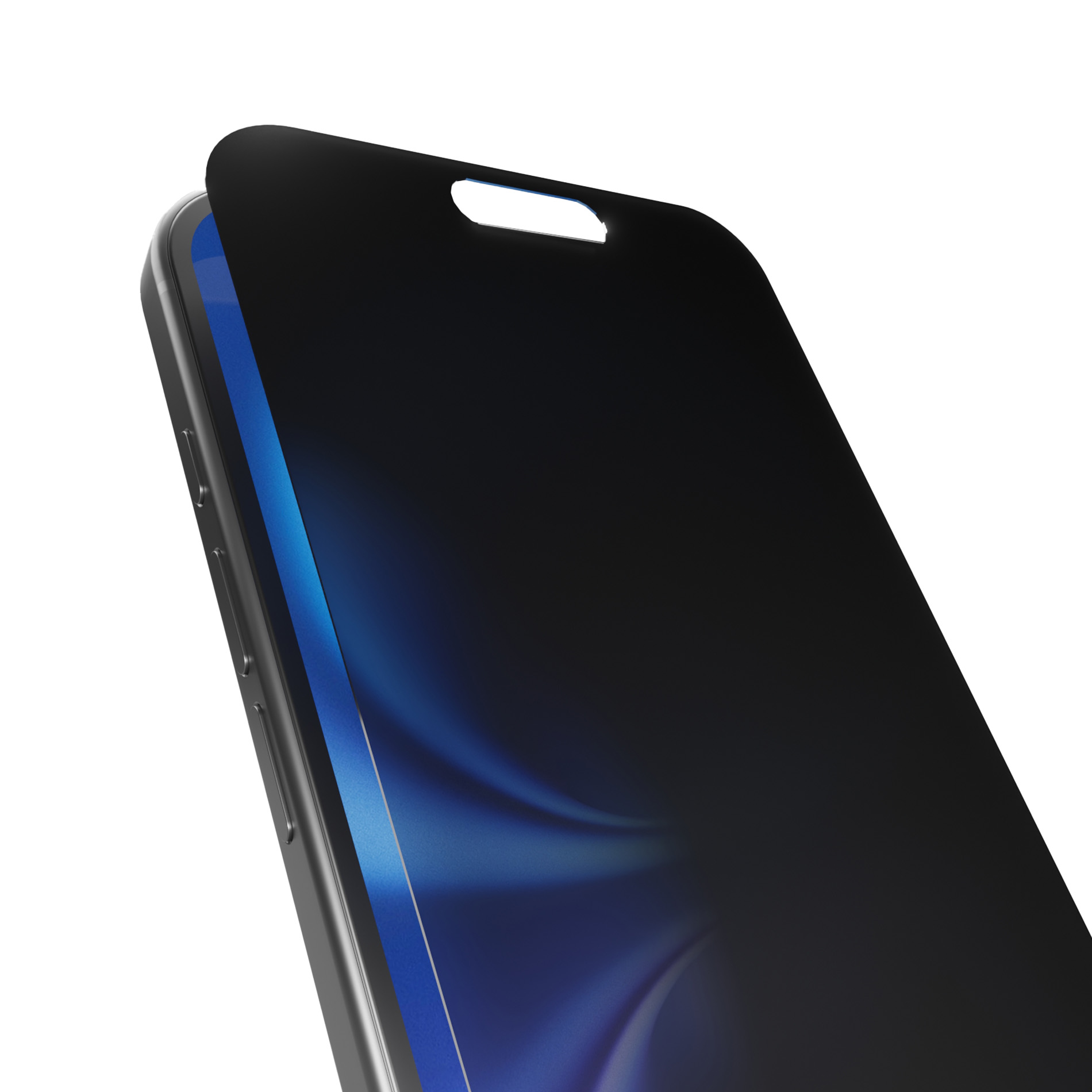 Primer plano de un protector de pantalla negro en un smartphone con retroiluminación azul.