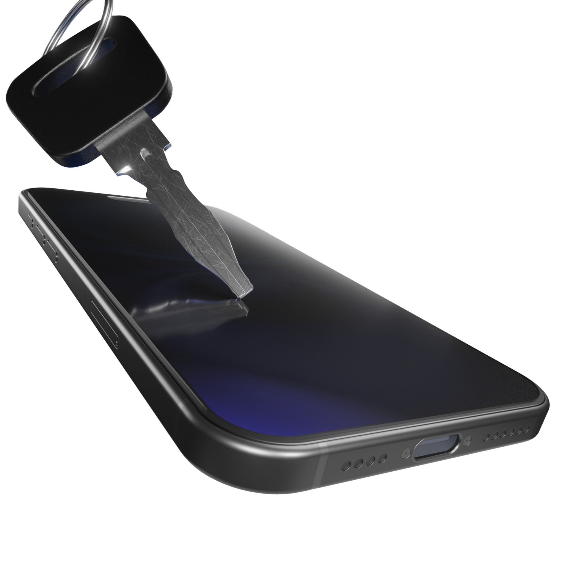 Una llave de coche negra con anilla descansa sobre un smartphone.