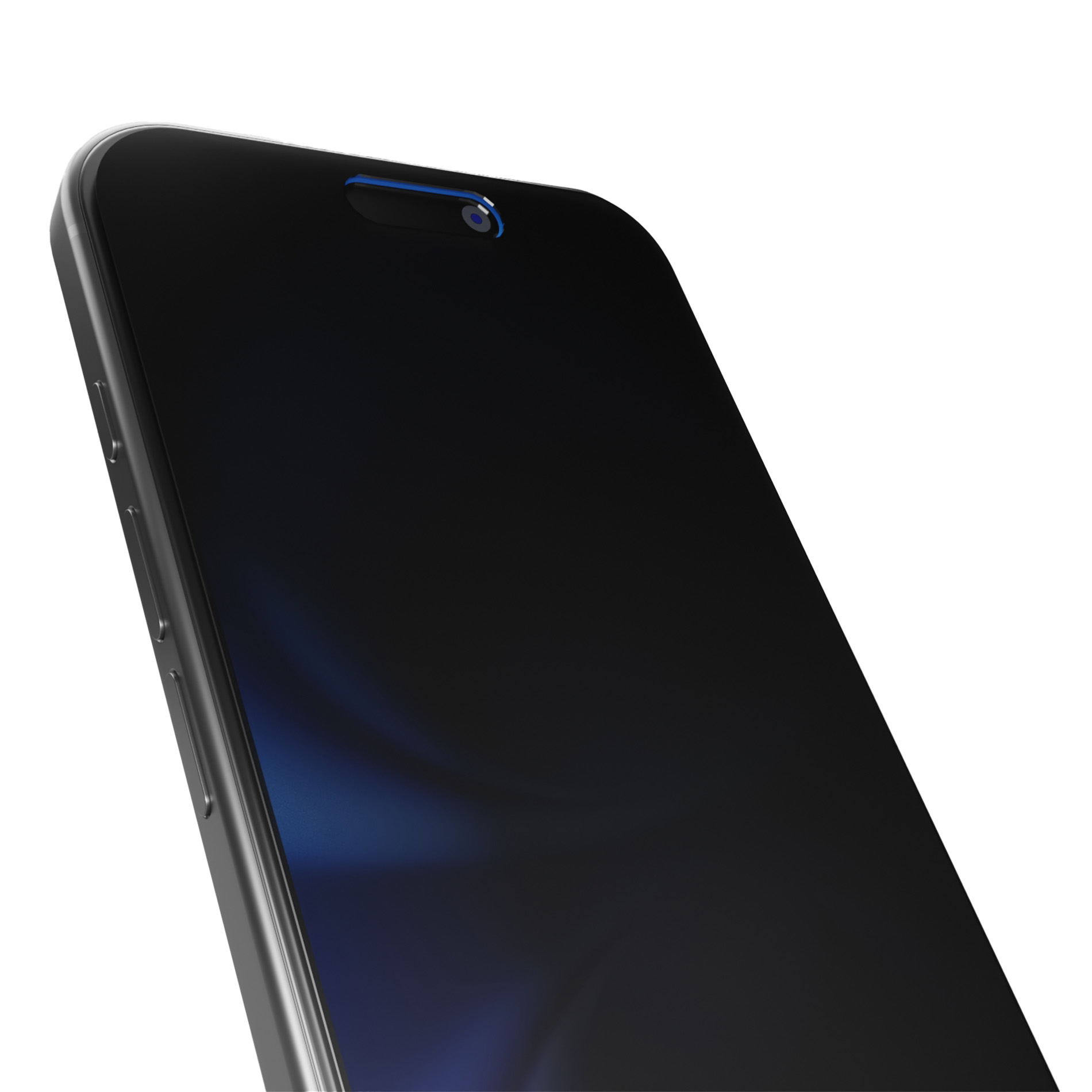Primer plano de un smartphone negro con detalles azules alrededor de la cámara frontal.