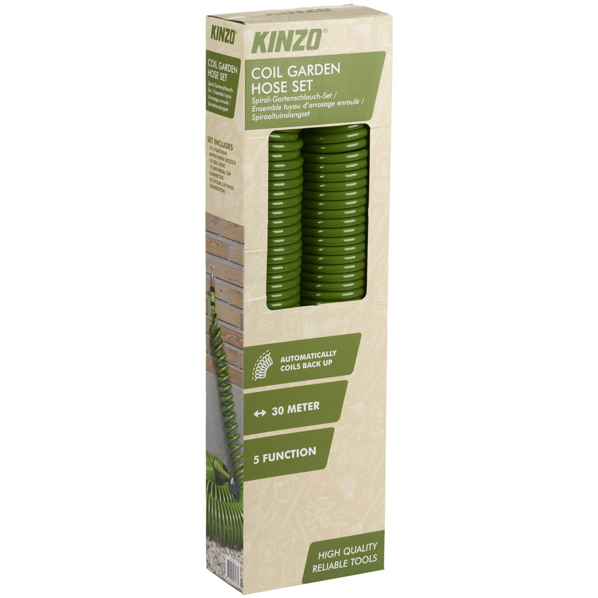 Packaging of a green coil garden hose, 30 meters long with 5 functions.