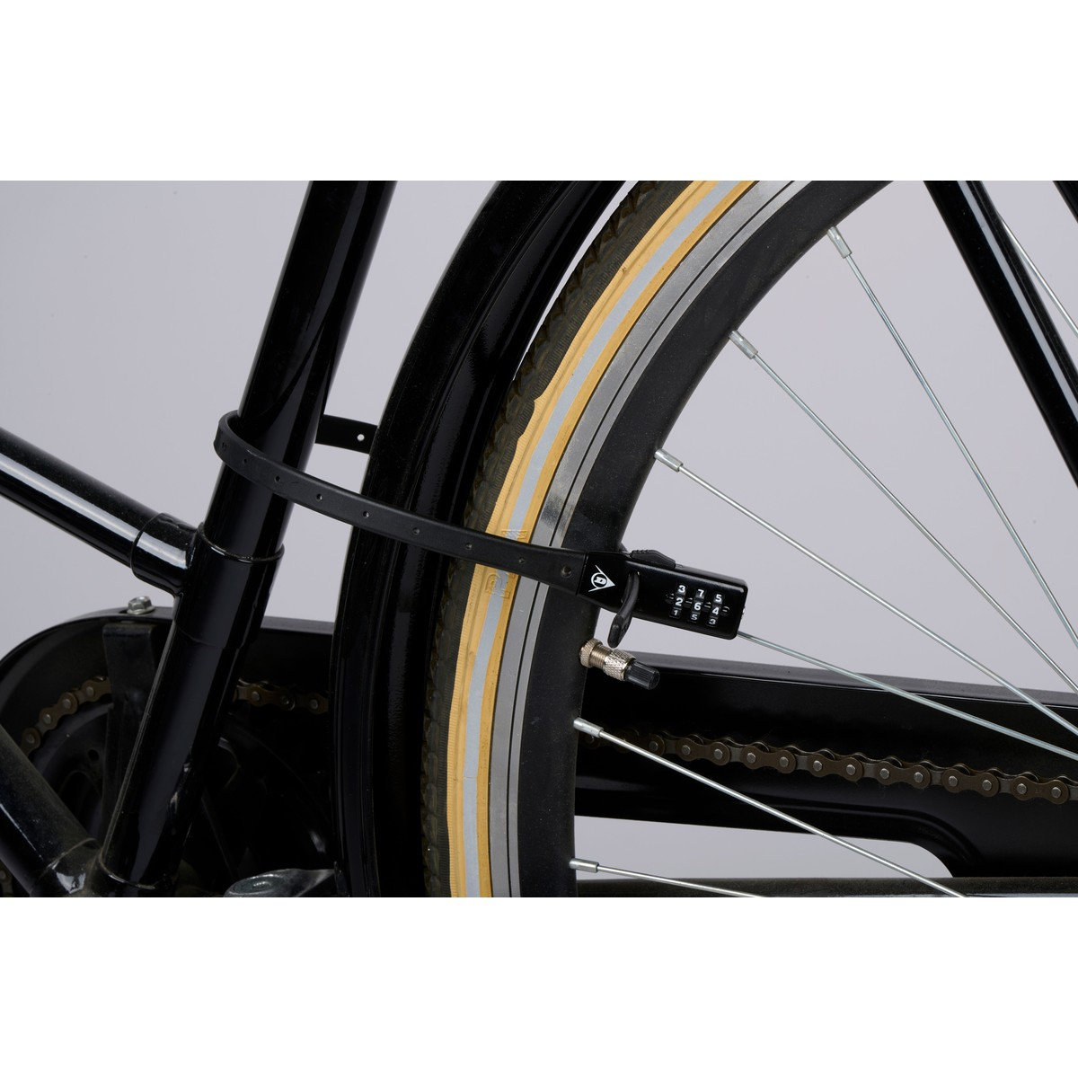 Black bicycle rear wheel with a black combination lock attached to the frame.