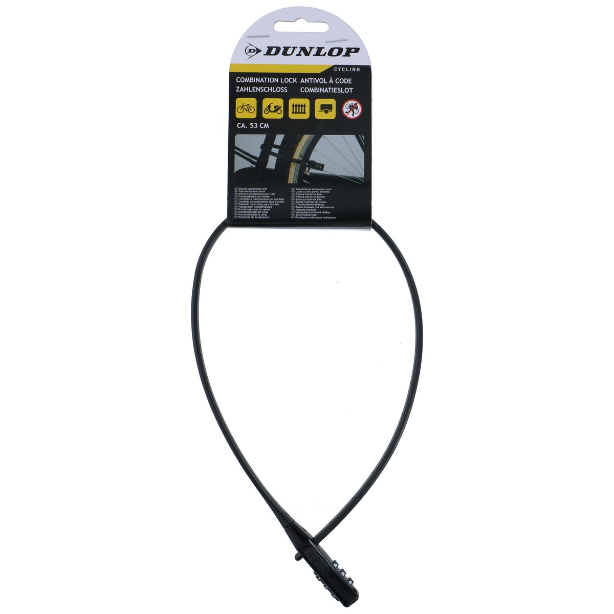 Black Dunlop combination lock for bicycles, 53 cm long, on a white background.