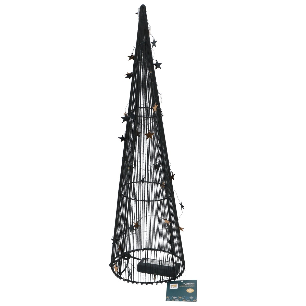 Black wire cone tree with star lights and a battery box at the base.