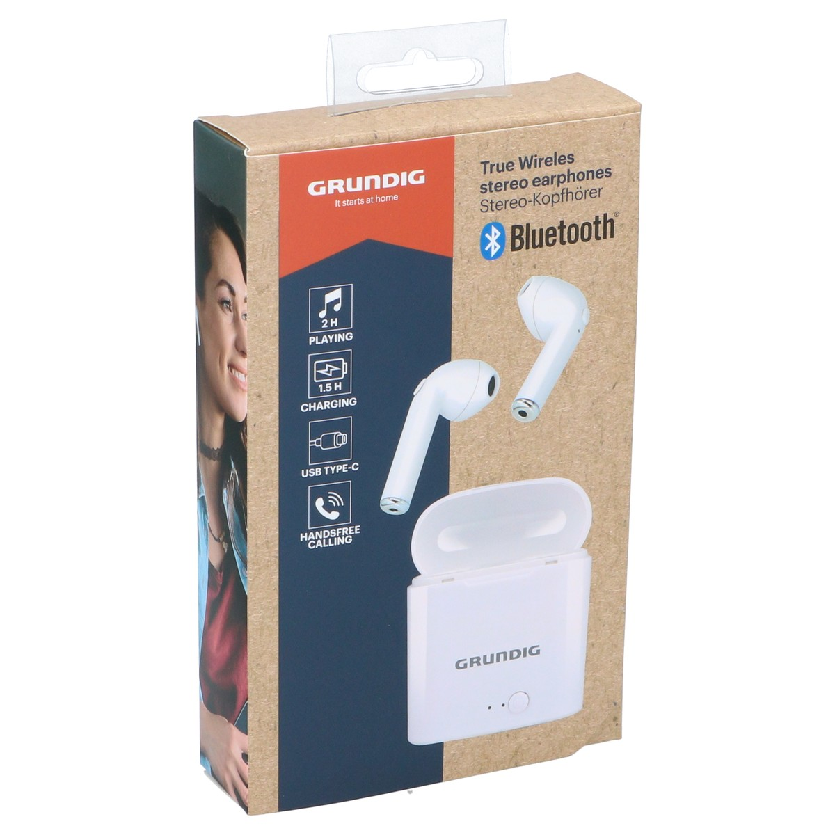 Packung mit weißen kabellosen GRUNDIG-Kopfhörern mit Ladecase und Bluetooth-Symbol.