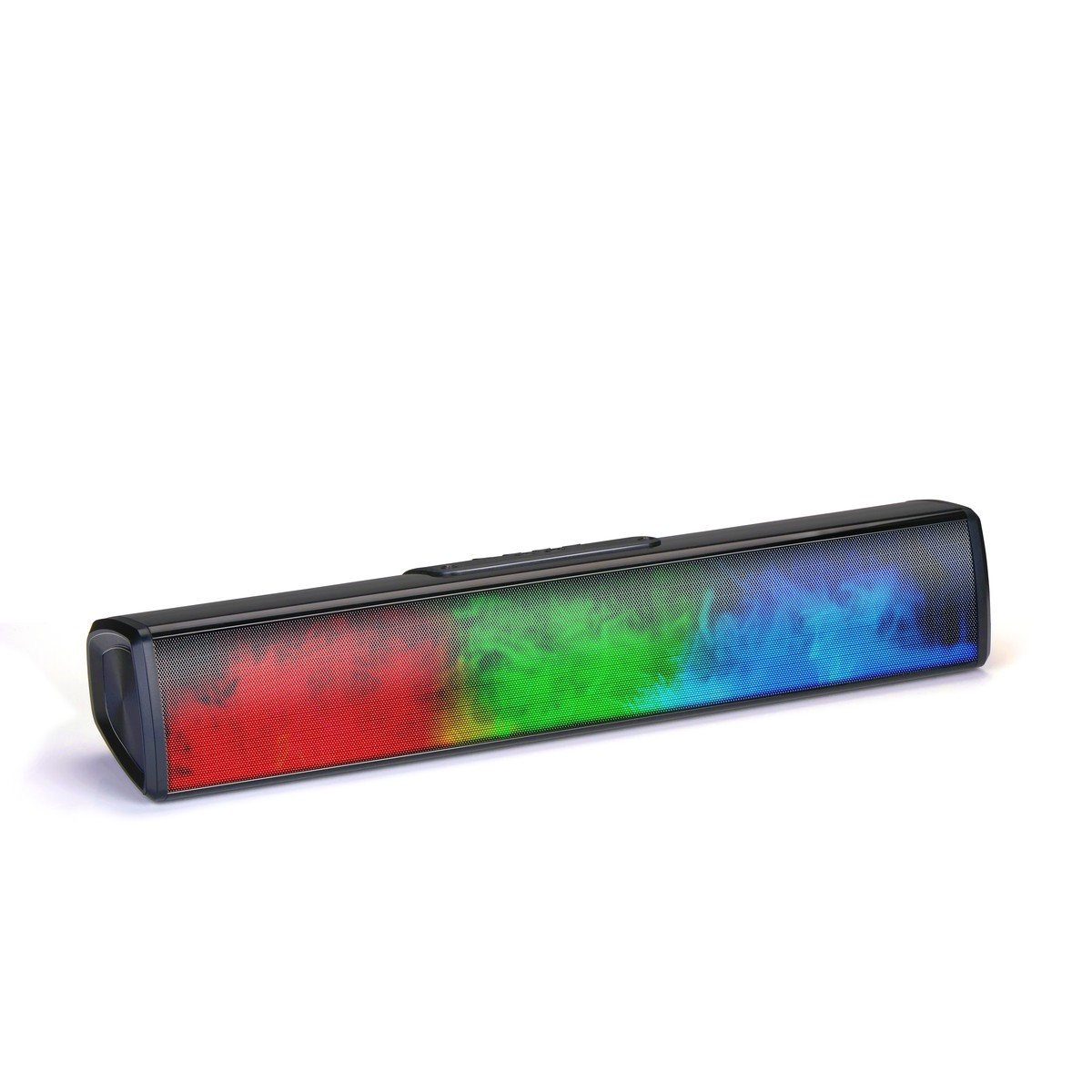 Black speaker with red, green, and blue colorful lights.