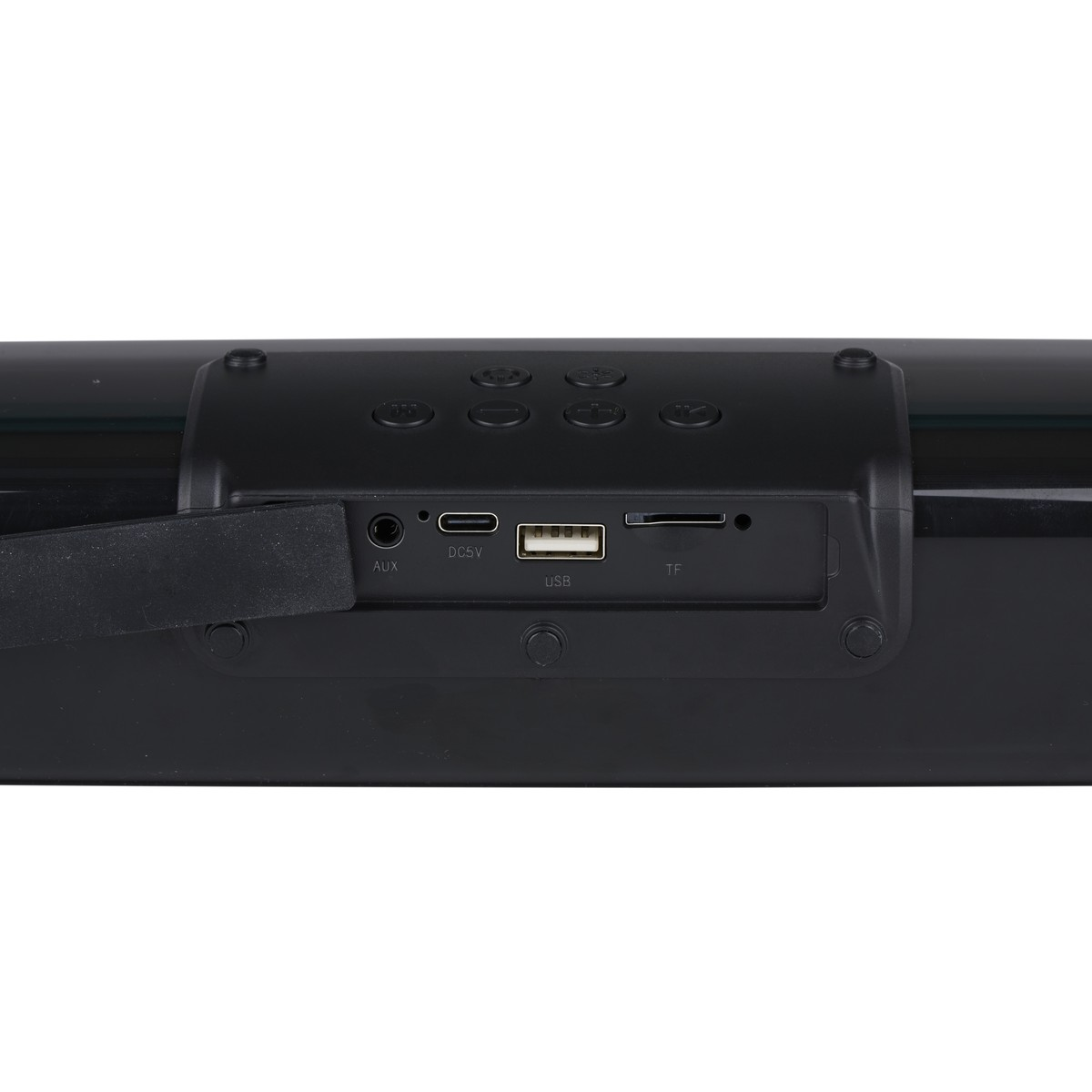 Black speaker with ports: AUX, DC5V, USB, and TF. Control buttons on top.