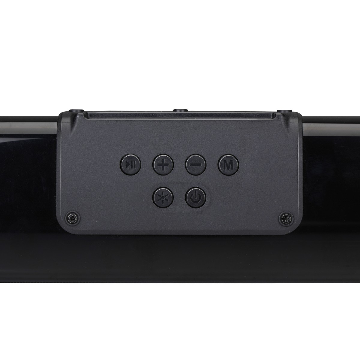 Black soundbar with control buttons: Play/Pause, Volume Up/Down, Mode, Light, Power.