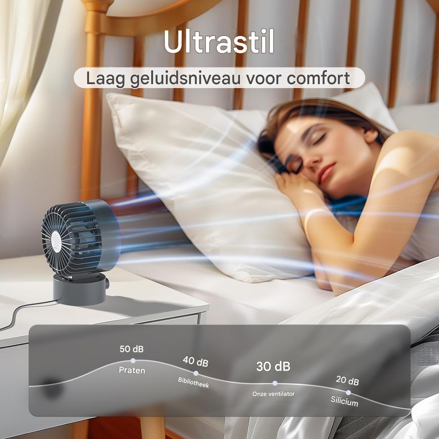 Ein kleiner Ventilator bläst Luft auf eine schlafende Frau. Geräuschpegelanzeige.
