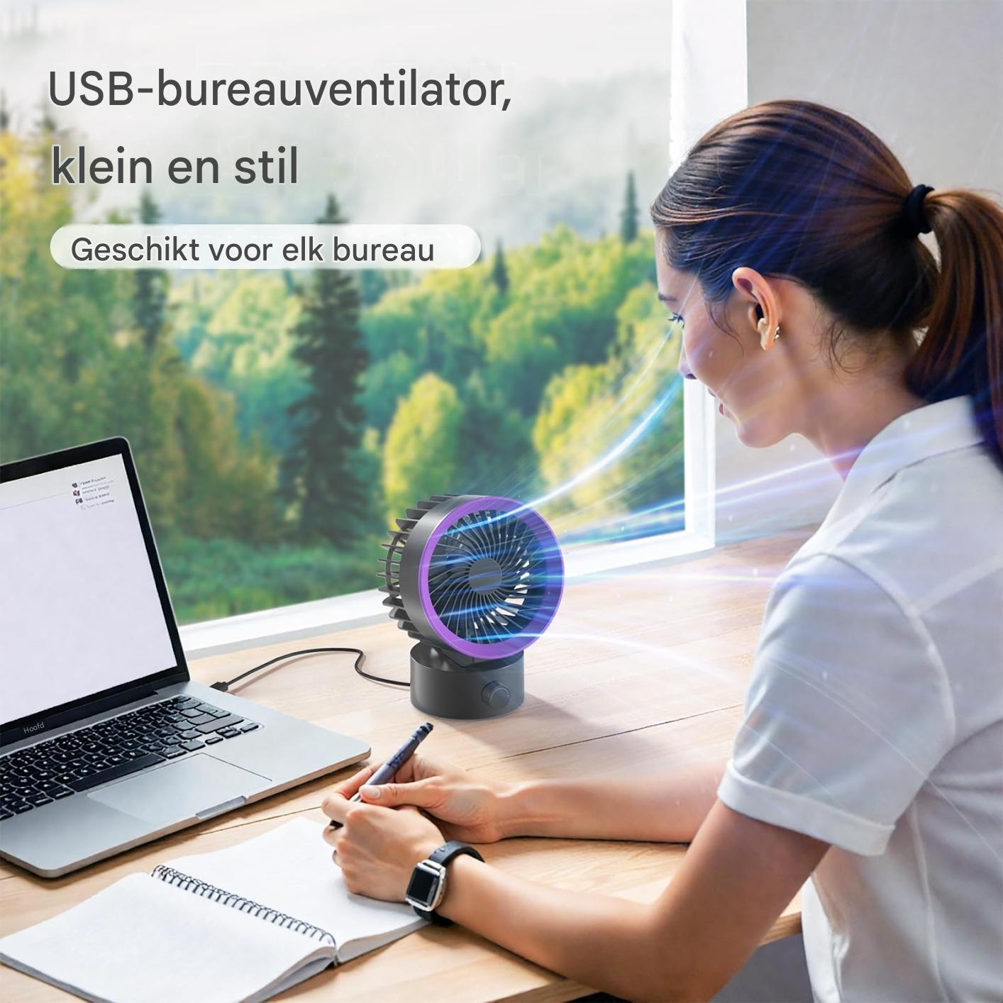 Eine Frau am Schreibtisch mit einem Laptop und einem kleinen USB-Ventilator.