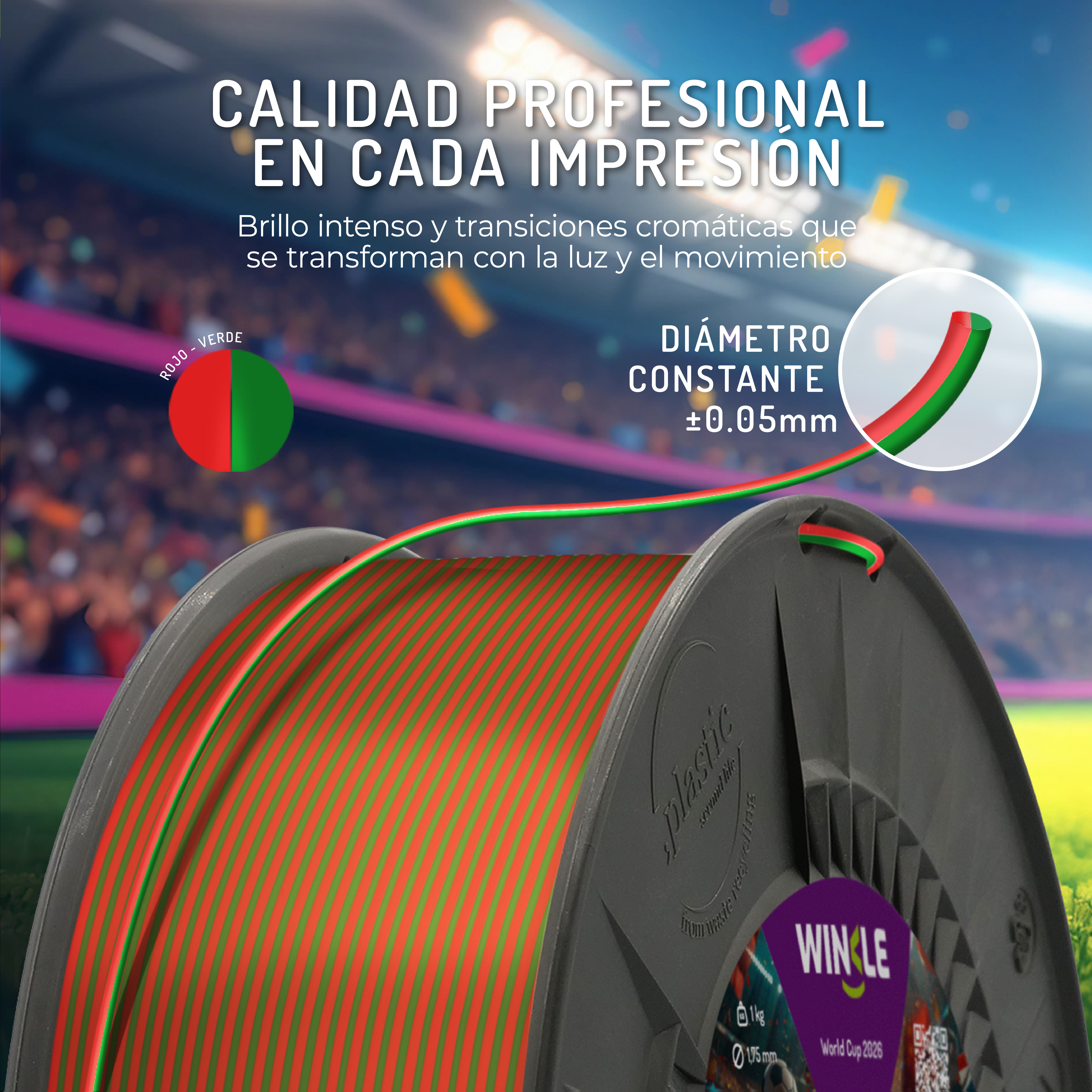 Una bobina de filamento de impresión 3D rojo y verde ante un fondo de estadio borroso.