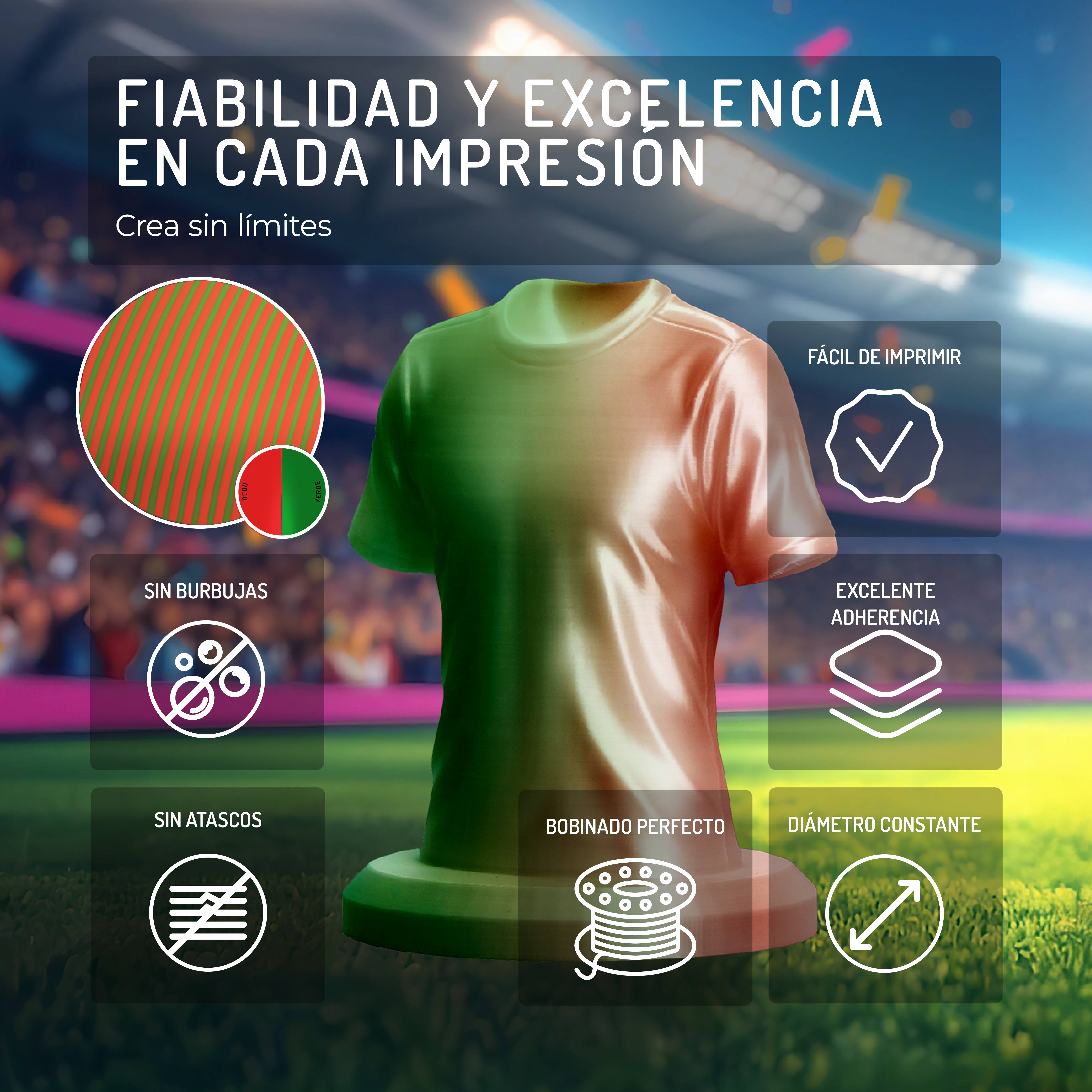 Una camiseta con iconos de fiabilidad, fácil impresión, sin burbujas, buena adherencia, sin atascos, bobinado perfecto, diámetro constante.