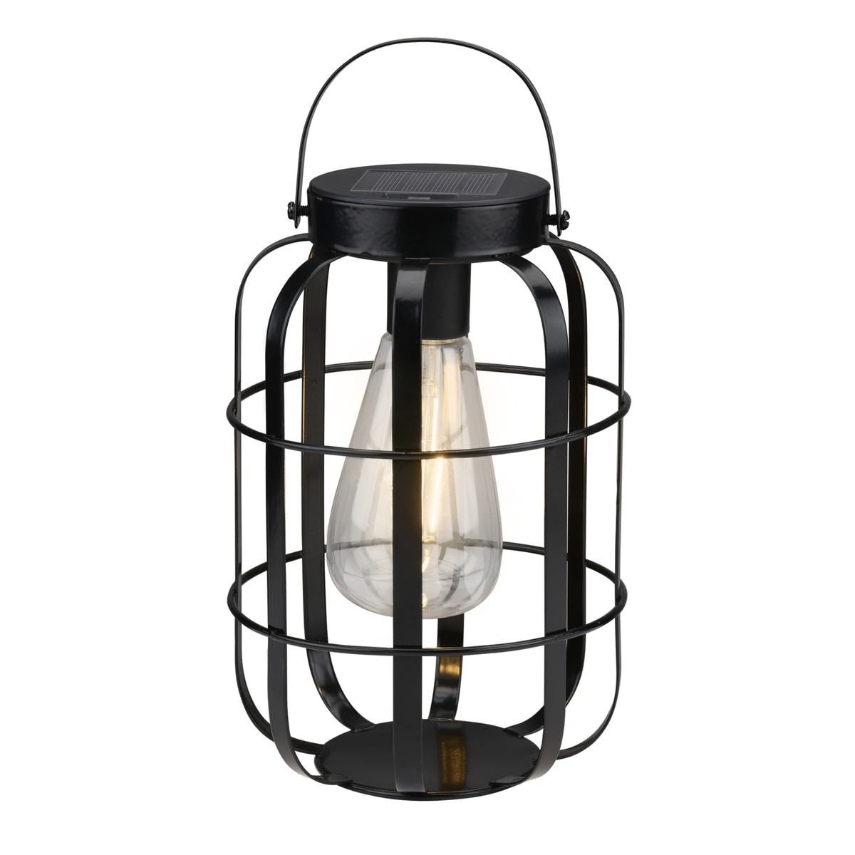 Lanterne solaire noire style cage avec ampoule Edison transparente et poignée.