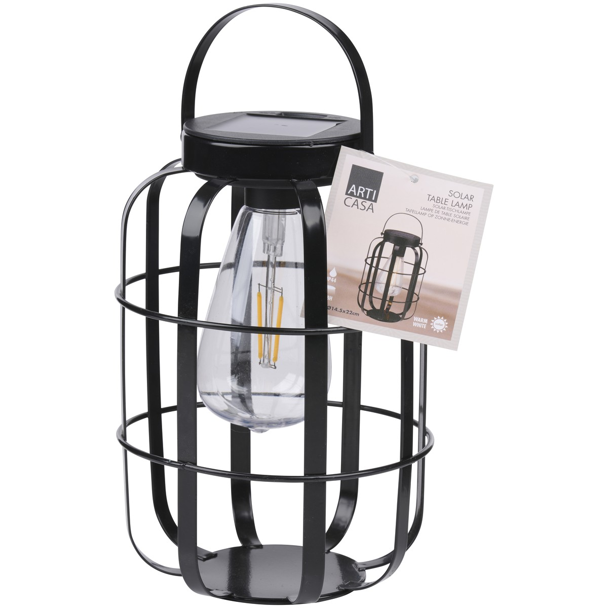 Lampe de table solaire noire style cage avec ampoule et poignée.