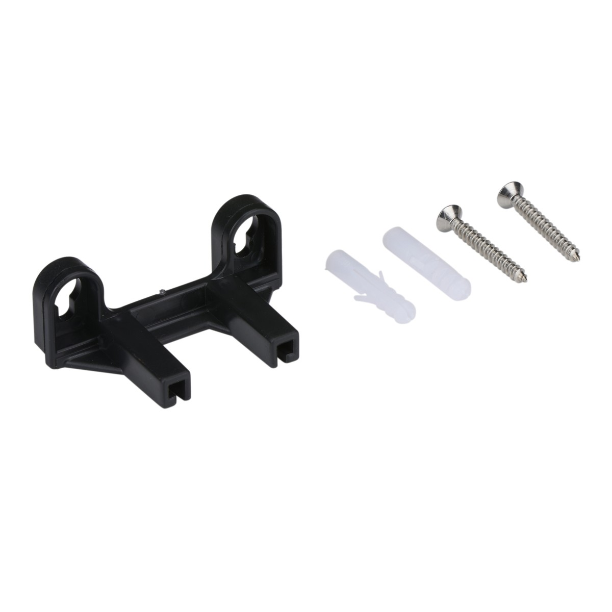 A black plastic bracket with two wall plugs and three screws on a white background.