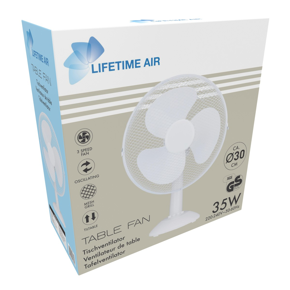 Weiße Tischventilator-Verpackung mit Abbildungen von Ventilator, Symbolen.