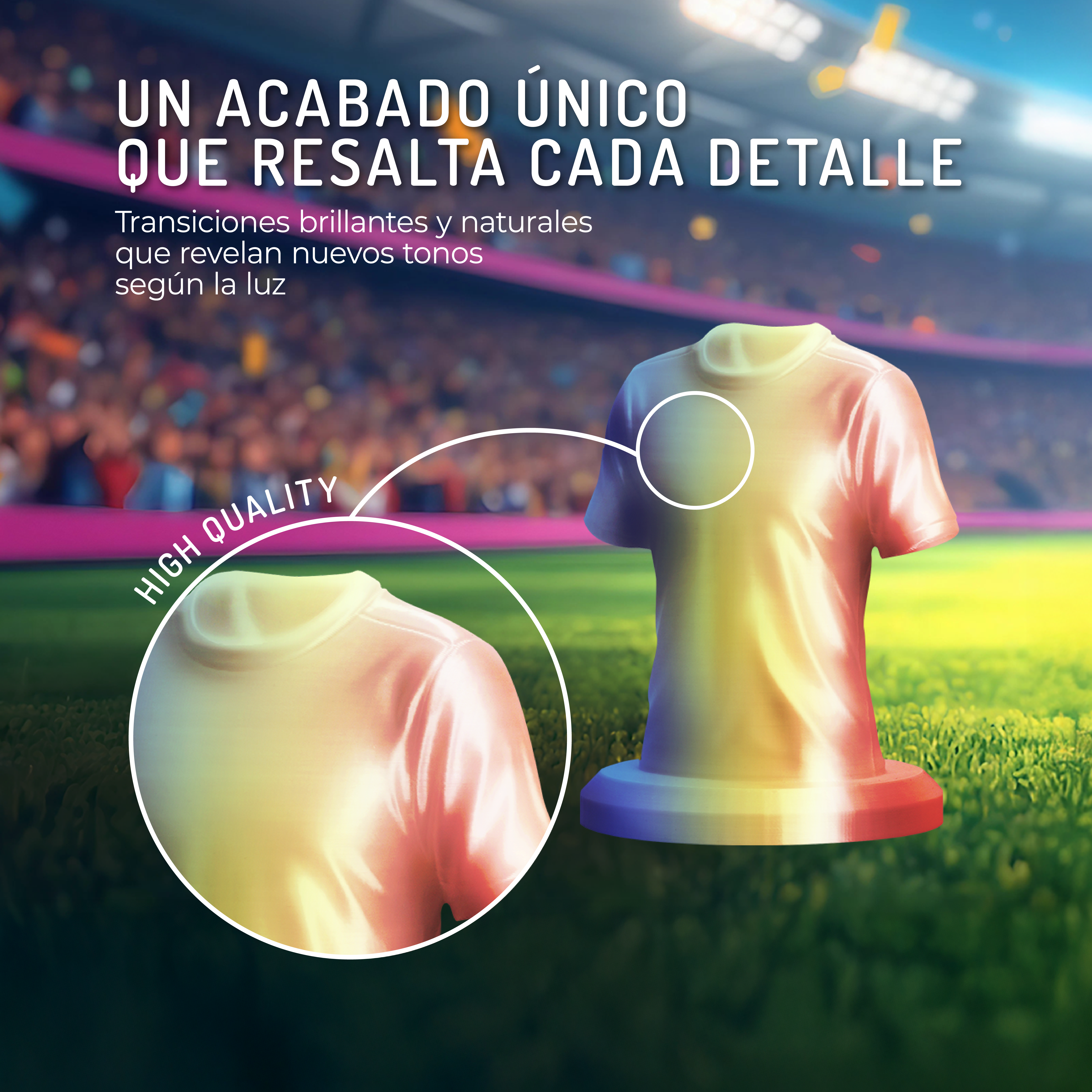 Acabado único resalta cada detalle. Transiciones brillantes sobre césped.