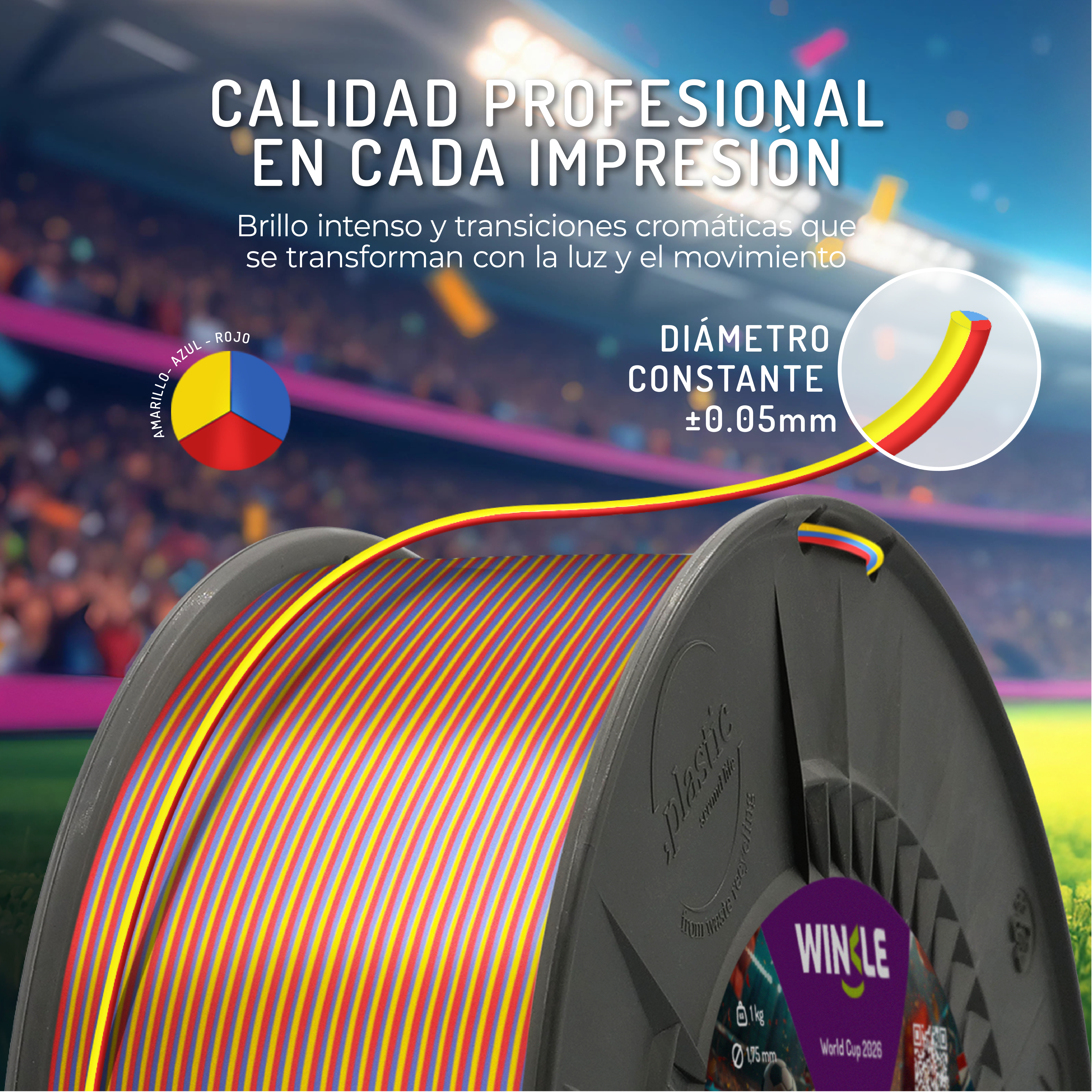 Rollo de filamento para impresora 3D con rayas rojas, amarillas y azules; texto calidad.