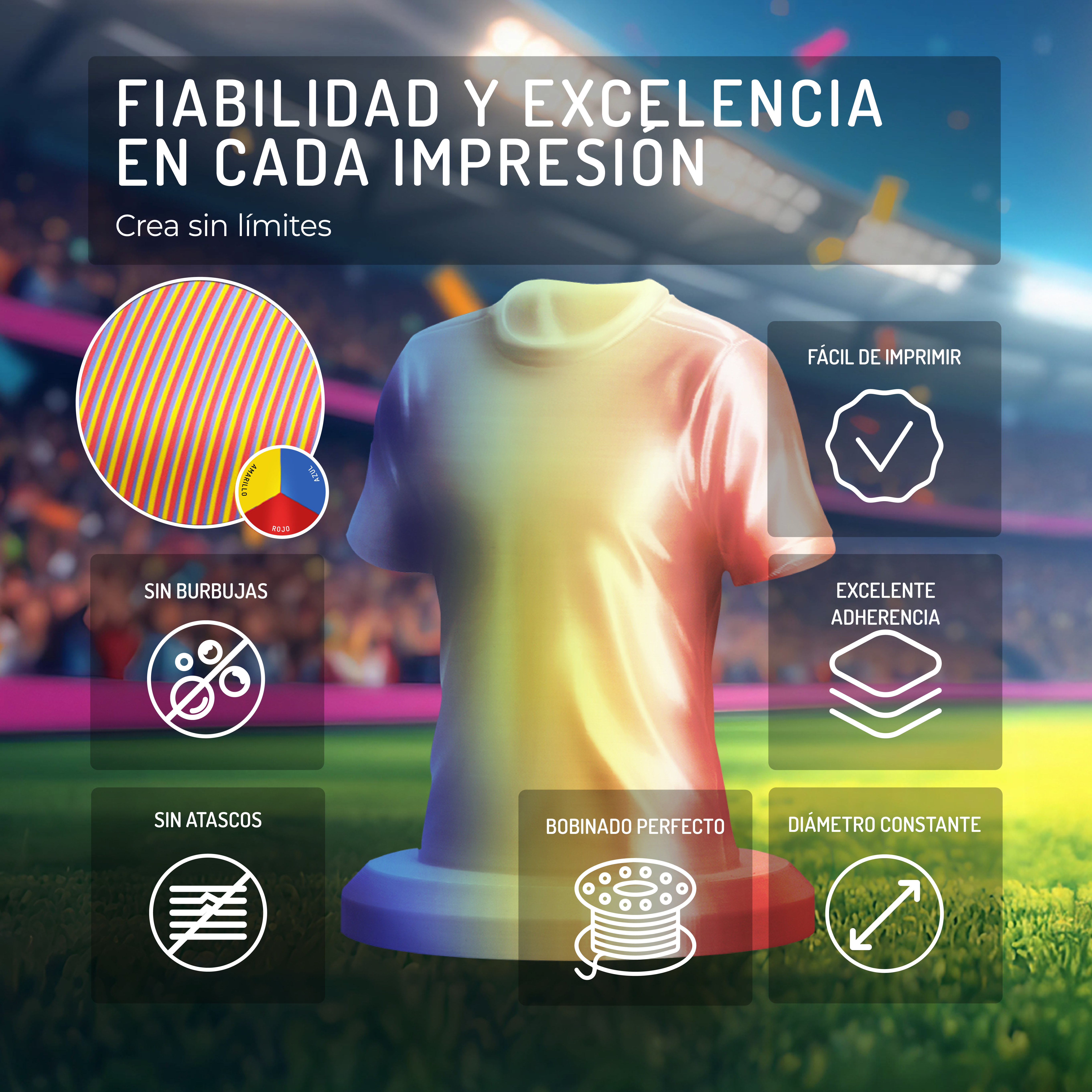 Un carrete de filamento de impresora 3D colorido con una camiseta e iconos.
