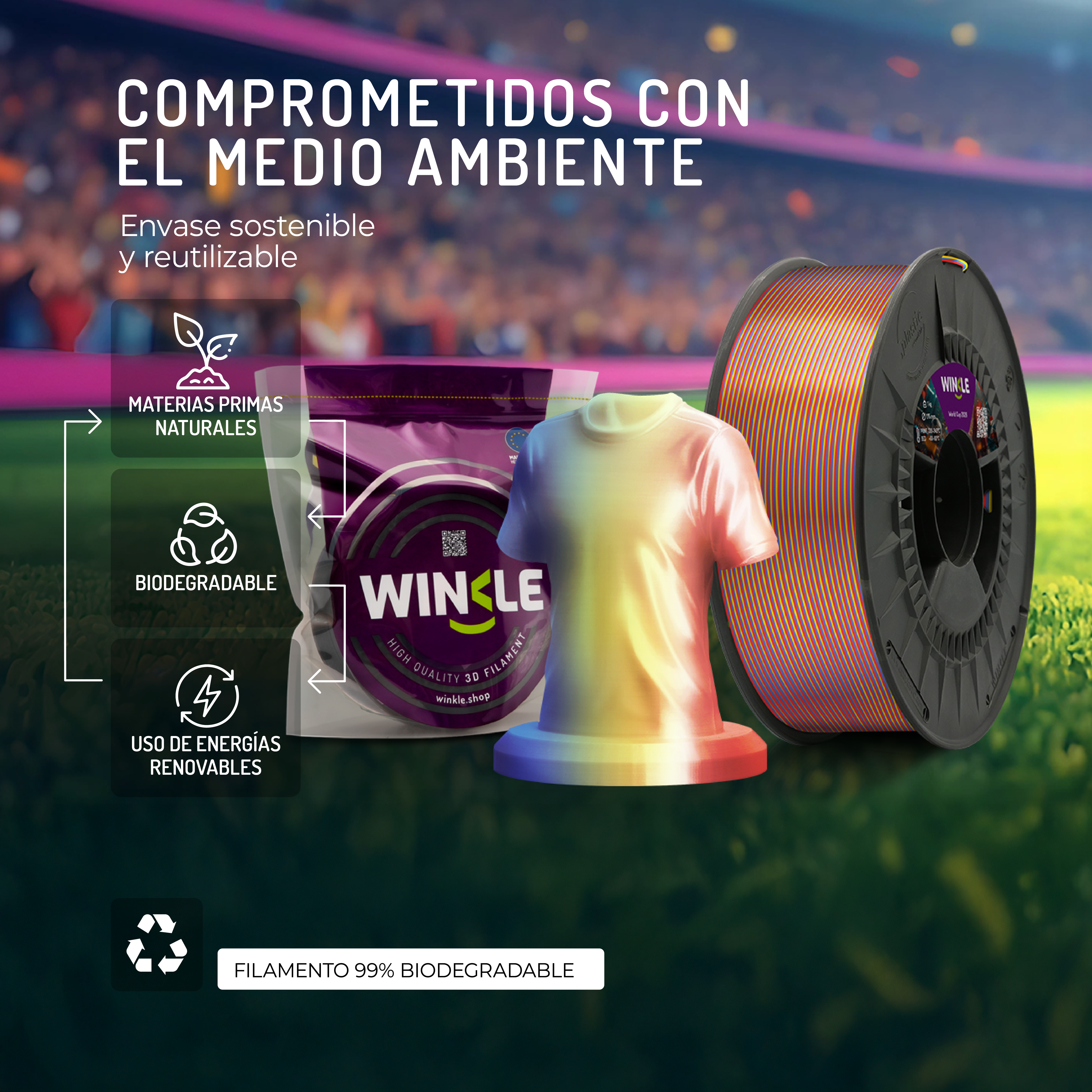 Bobina de filamento 3D, bolsa impresa, forma de camiseta y logos ecológicos.
