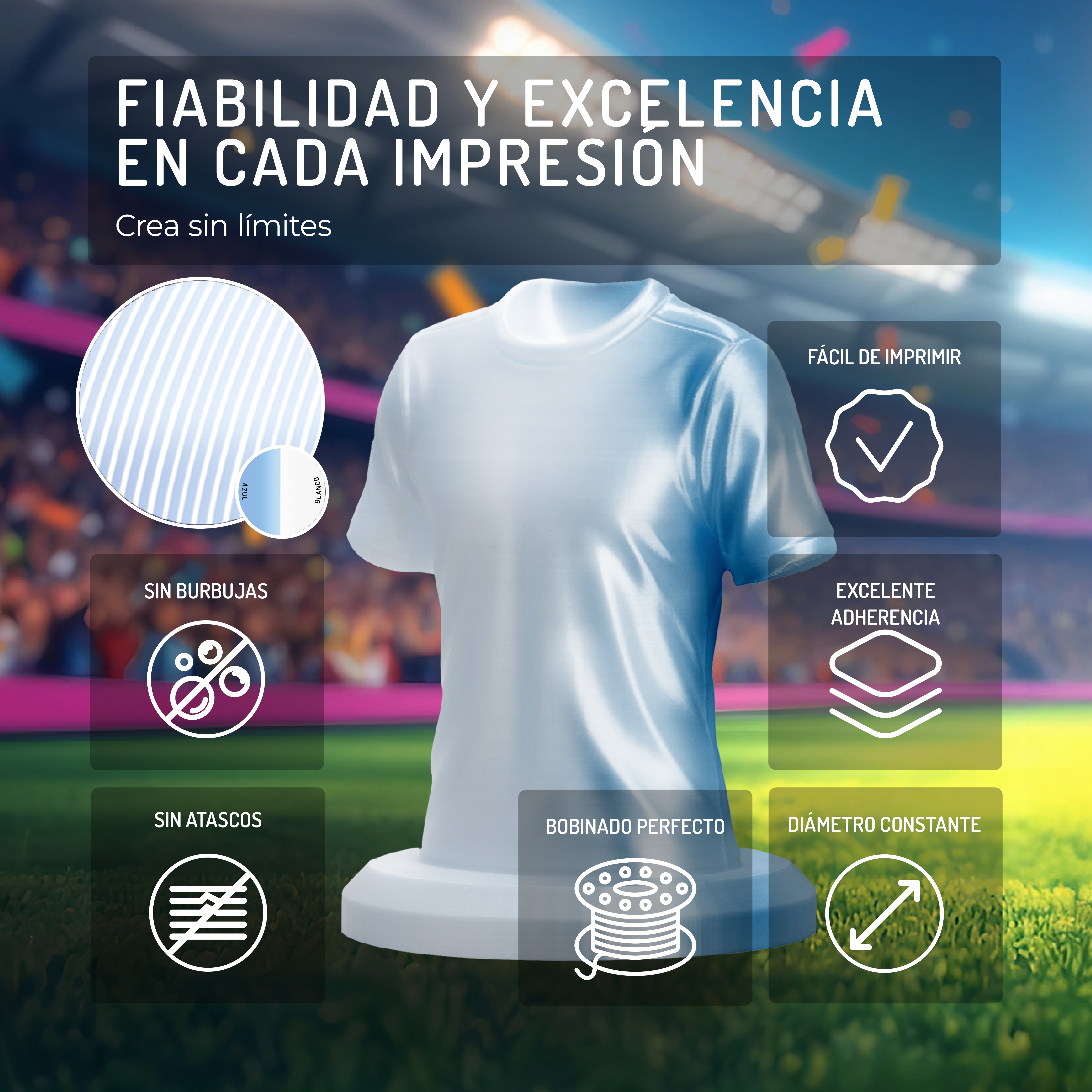 Una camiseta blanca con iconos de fiabilidad y calidad de impresión sobre fondo desenfocado.