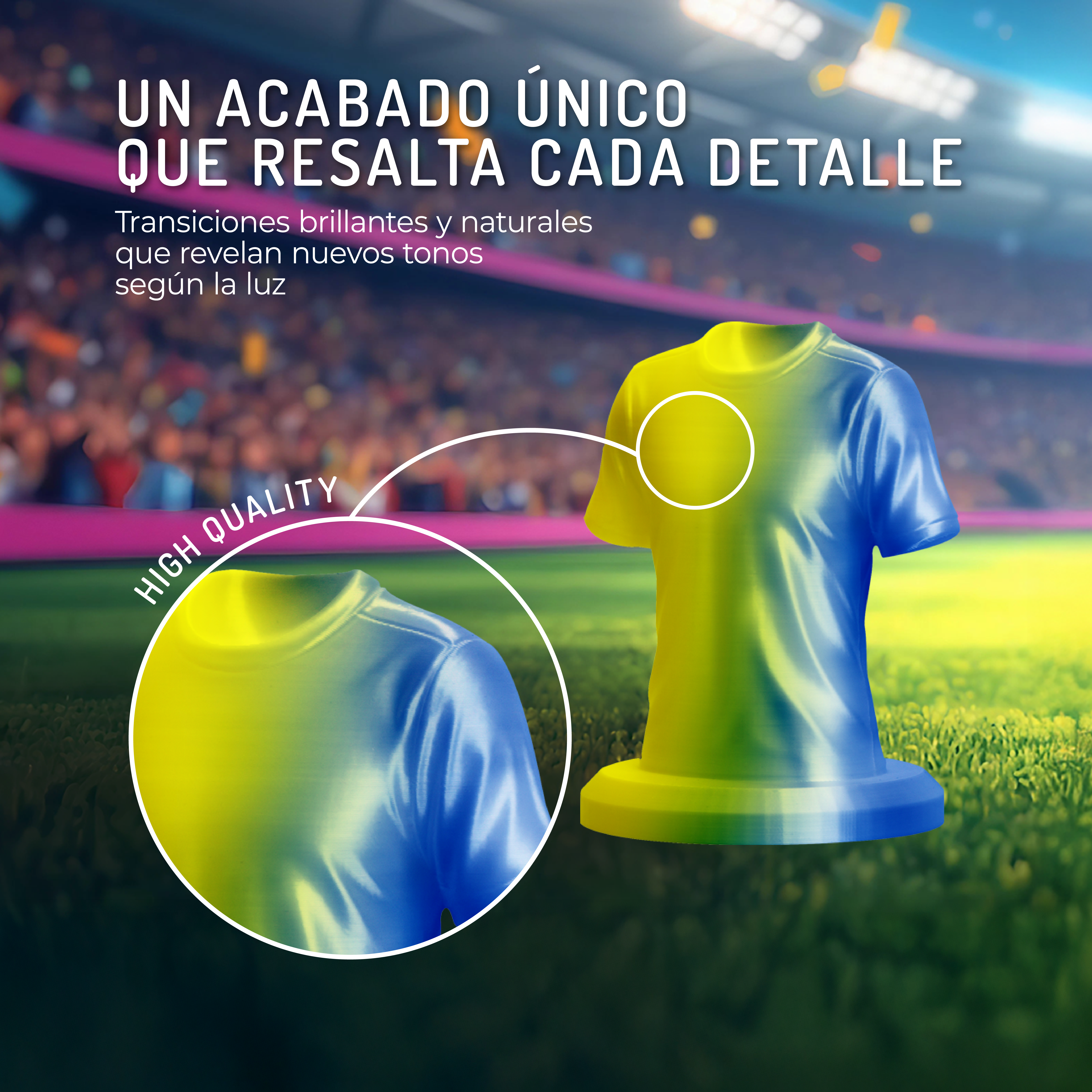 Acabado único de camiseta azul y amarilla con vista detallada.