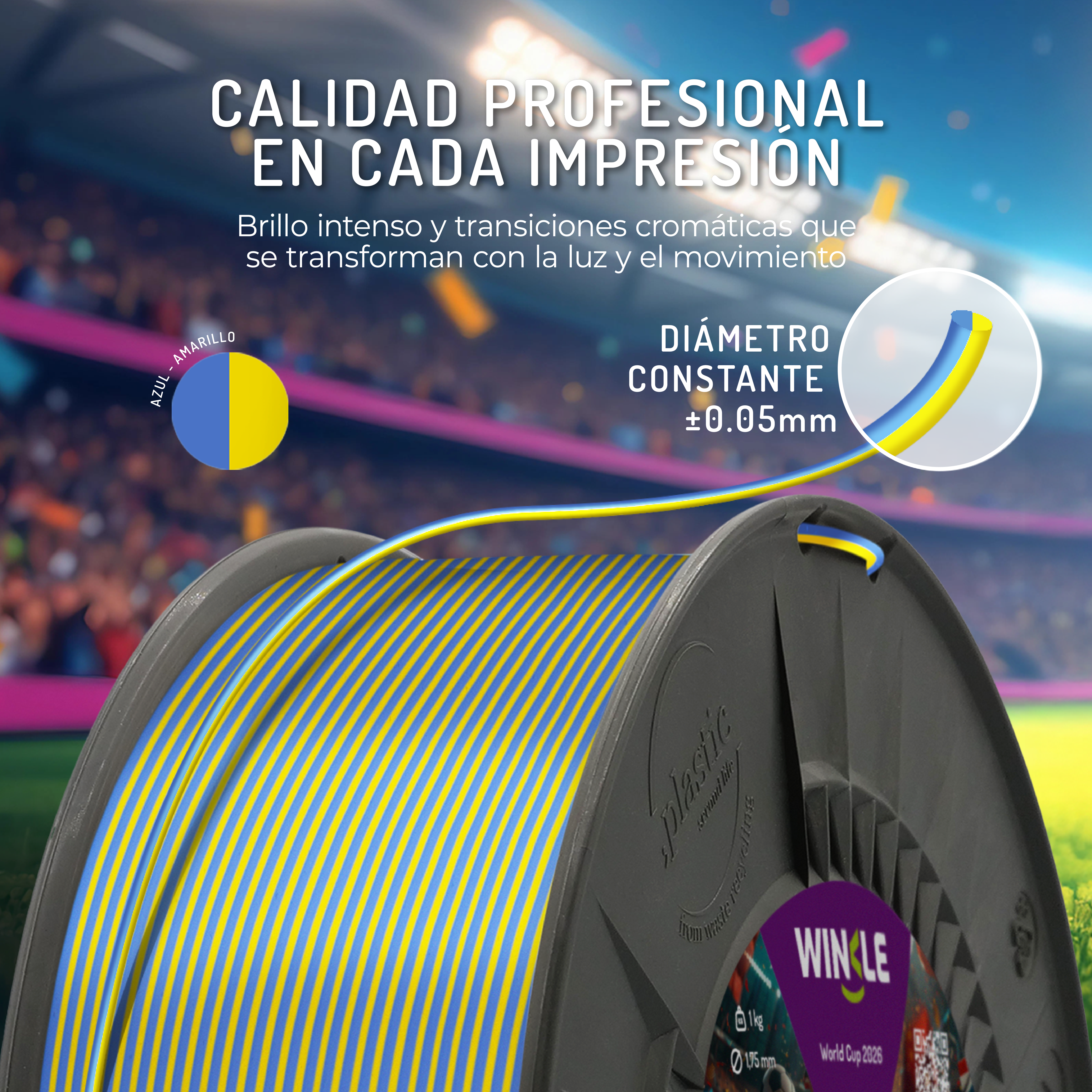 Un carrete de filamento azul y amarillo con texto sobre calidad de impresión profesional.