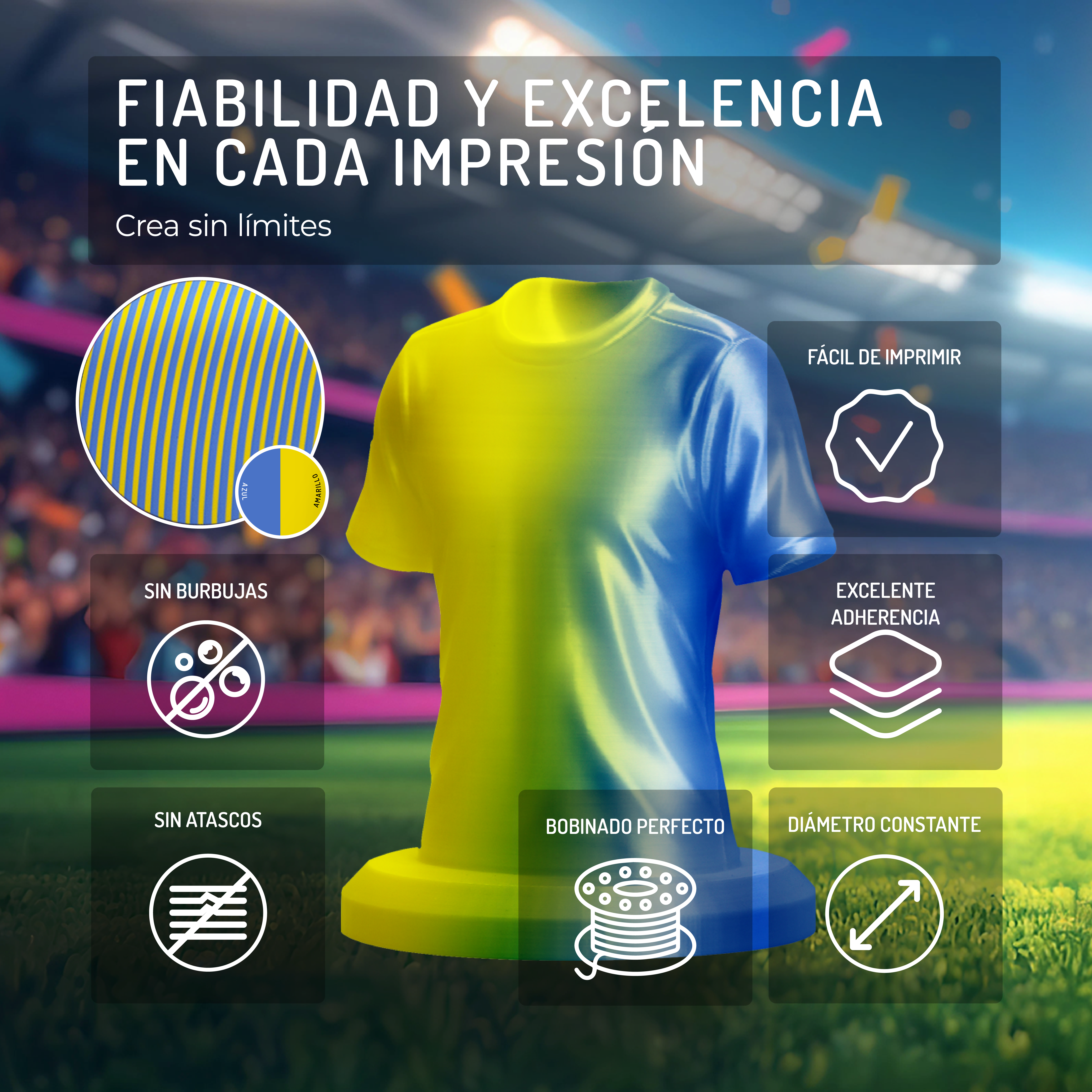 Una camiseta amarilla y azul con iconos que resaltan la calidad de impresión.