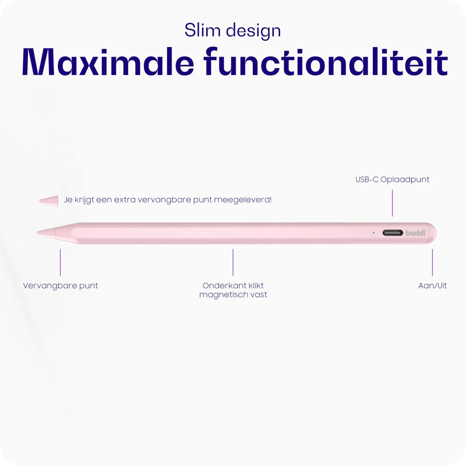 Een roze stylus met USB-C poort en vervangbare punt ligt horizontaal.
