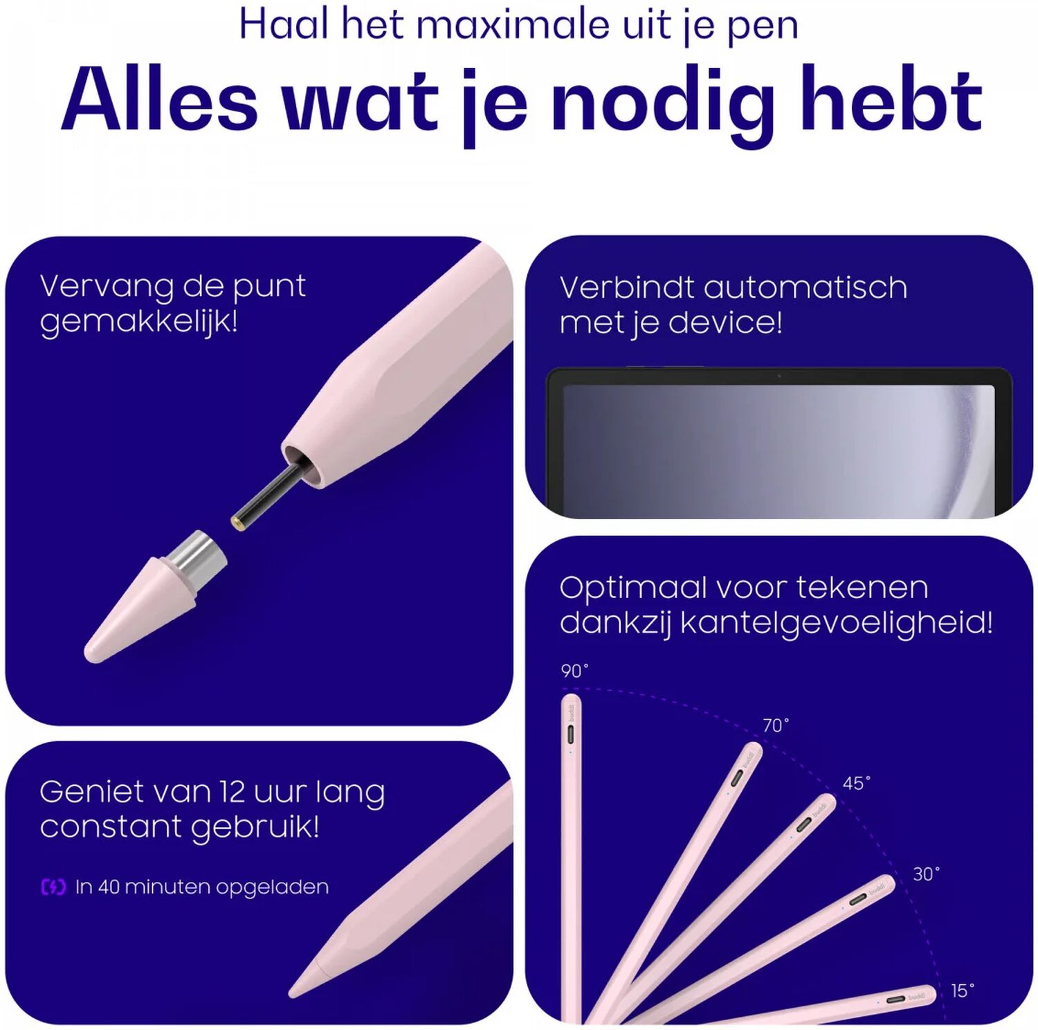 Een roze stylus wordt getoond, met tekst over de kenmerken zoals het eenvoudig vervangen van de punt.