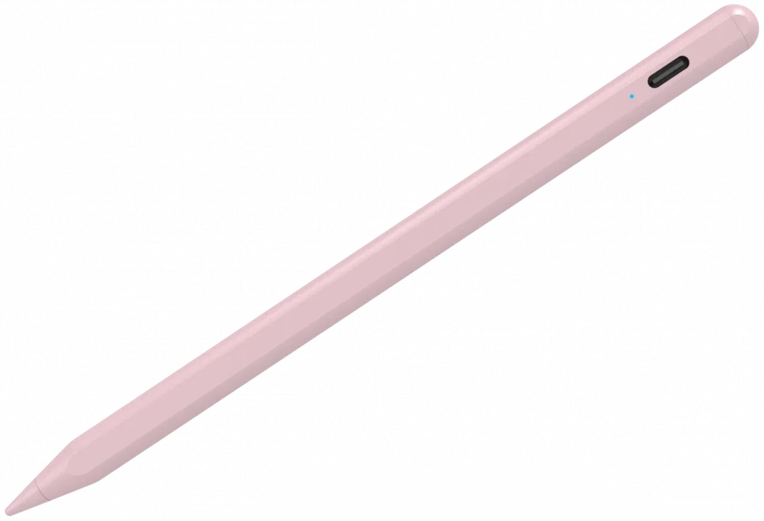 Een roze stylus met een blauw lampje en een zwarte sleuf.