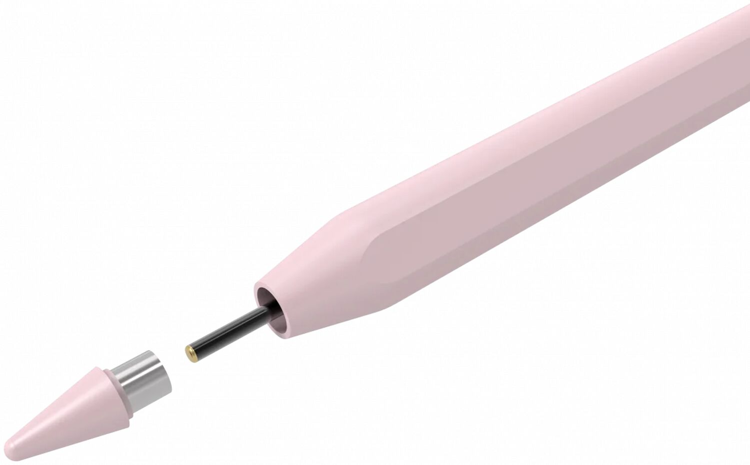 Roze styluspunt en metalen connector losgekoppeld van een roze stylus op witte achtergrond.