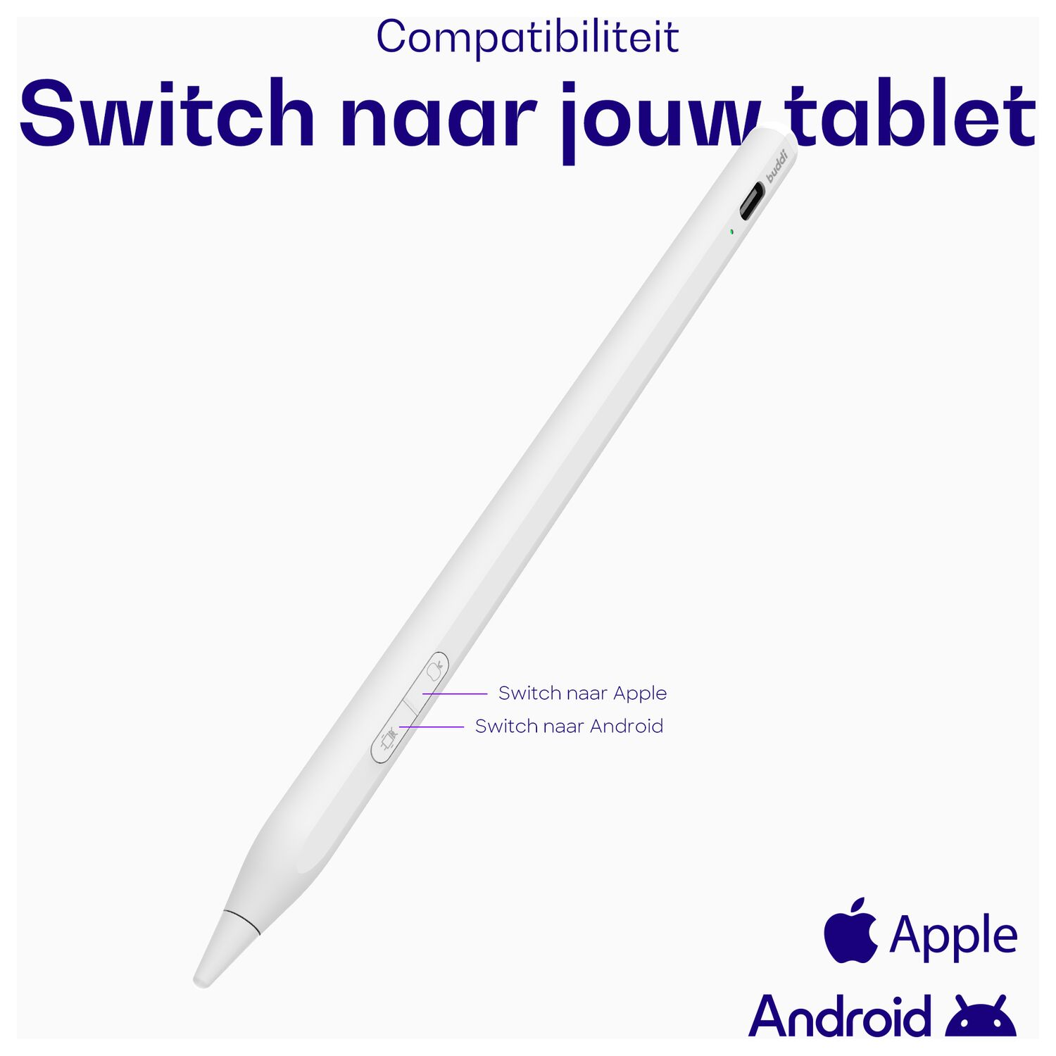 Een witte stylus met knoppen, gelabeld 'Switch naar Apple' en 'Switch naar Android'.