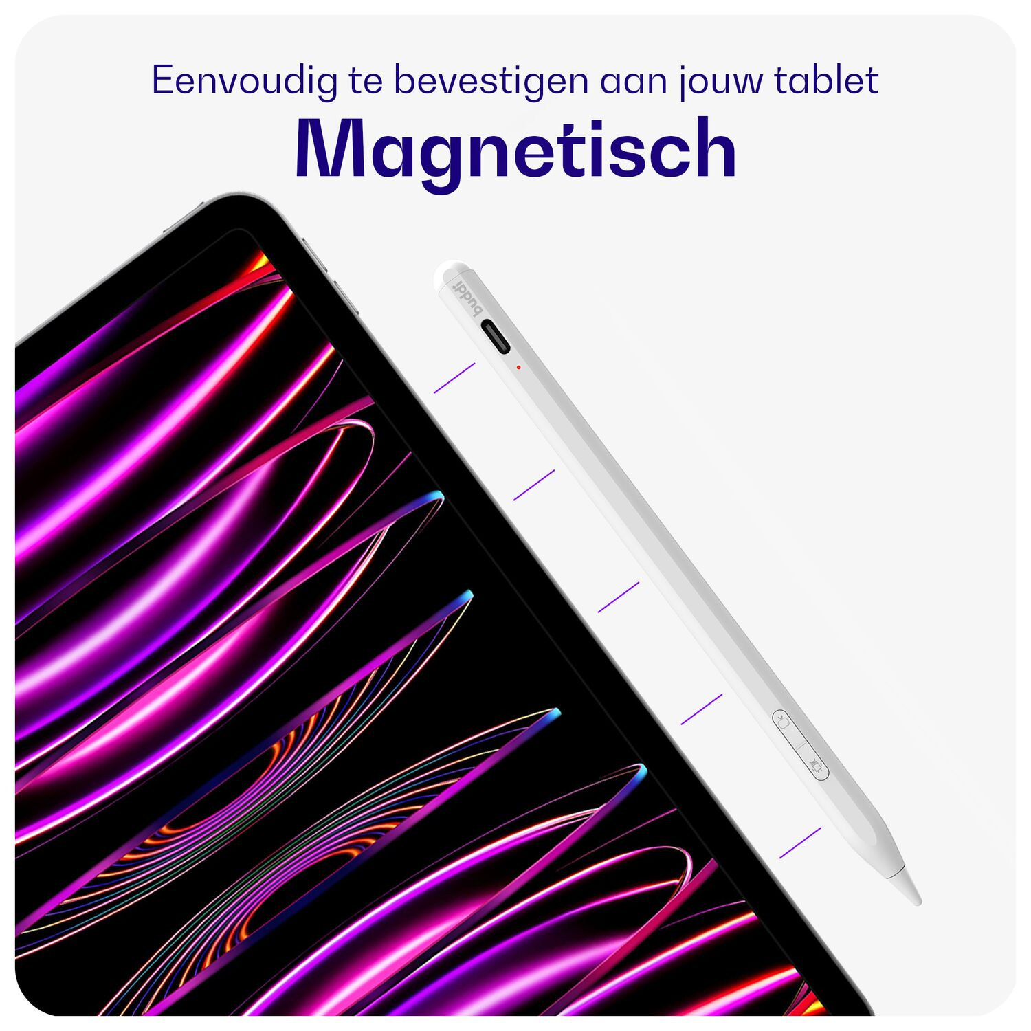 Een witte stylus ligt naast een tablet met een paars en roze golvend patroon.