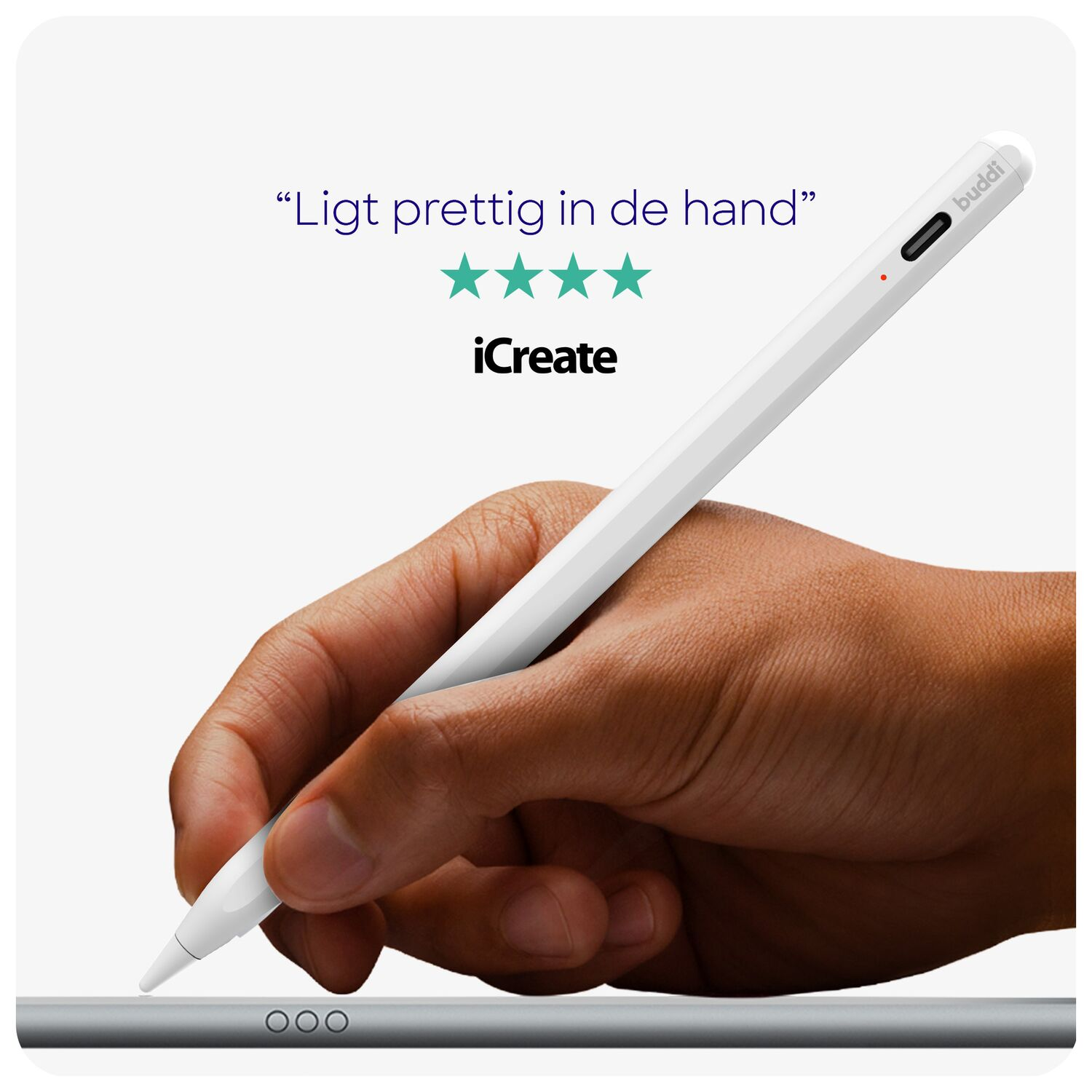 Een hand houdt een witte stylus boven een tablet met drie cirkels.