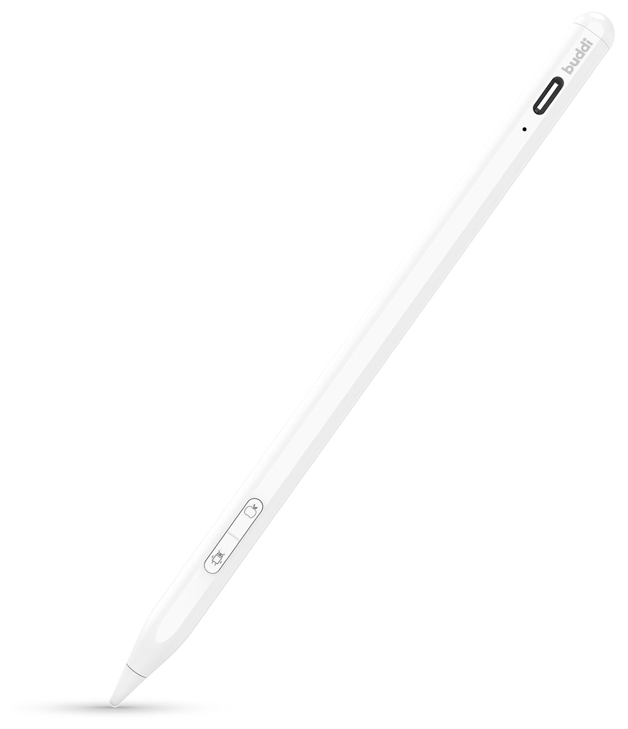 Een slanke witte stylus met oplaadpoort en bedieningsknoppen.