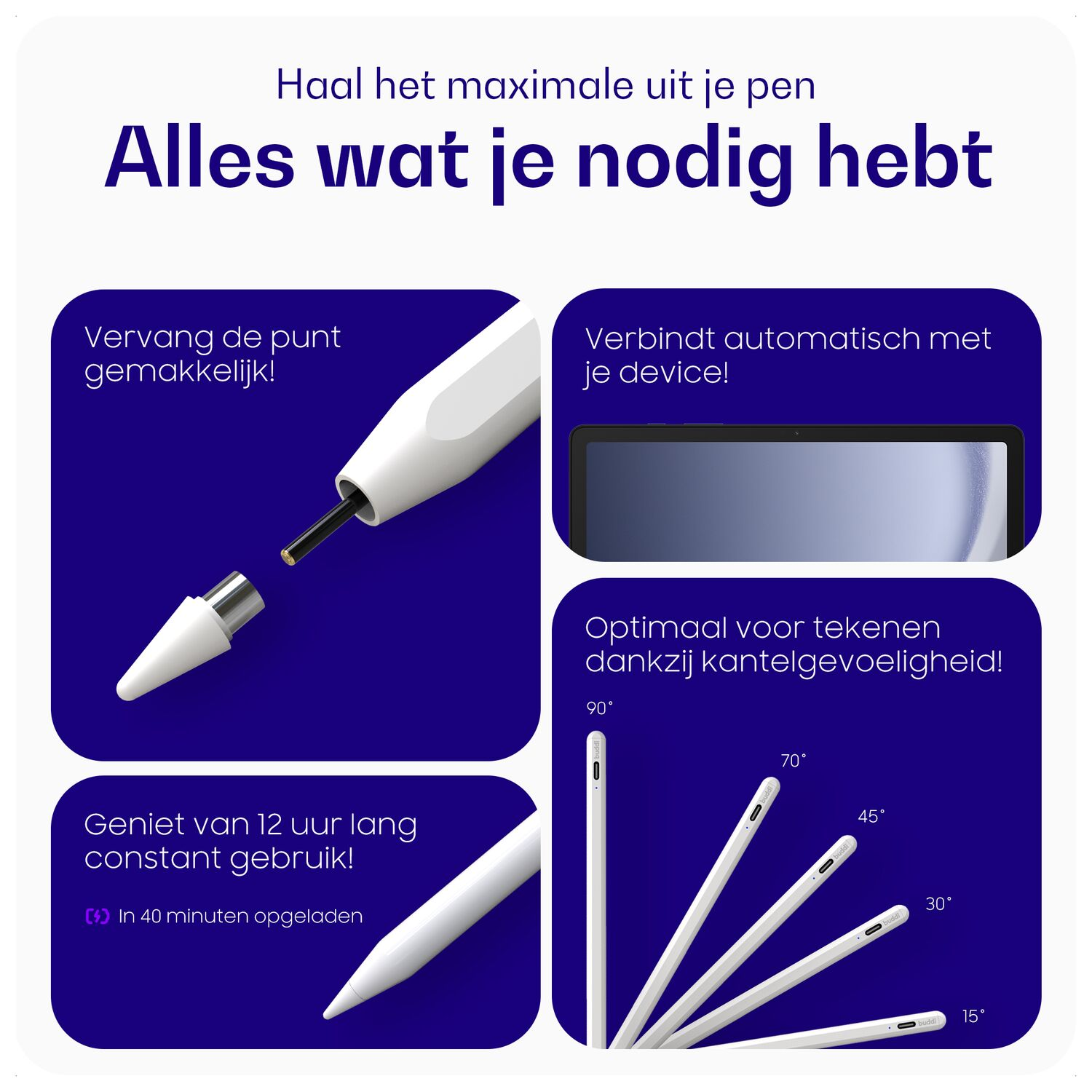 Een witte stylus wordt getoond met tips voor eenvoudige vervanging, lange batterijduur en kantelgevoeligheid.