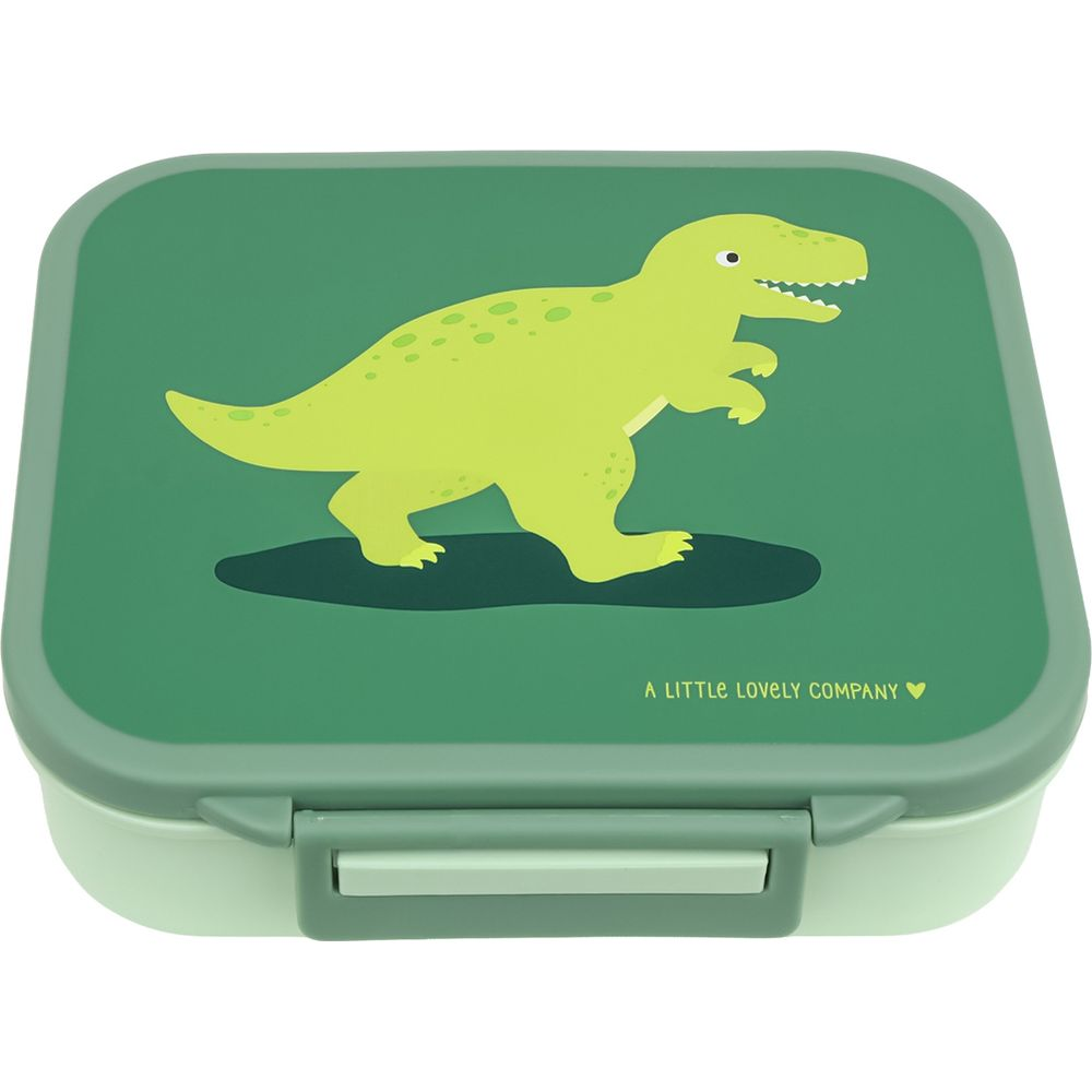 Grüne Brotdose mit einem hellgrünen Dinosaurier-Aufdruck und einem Verschluss.