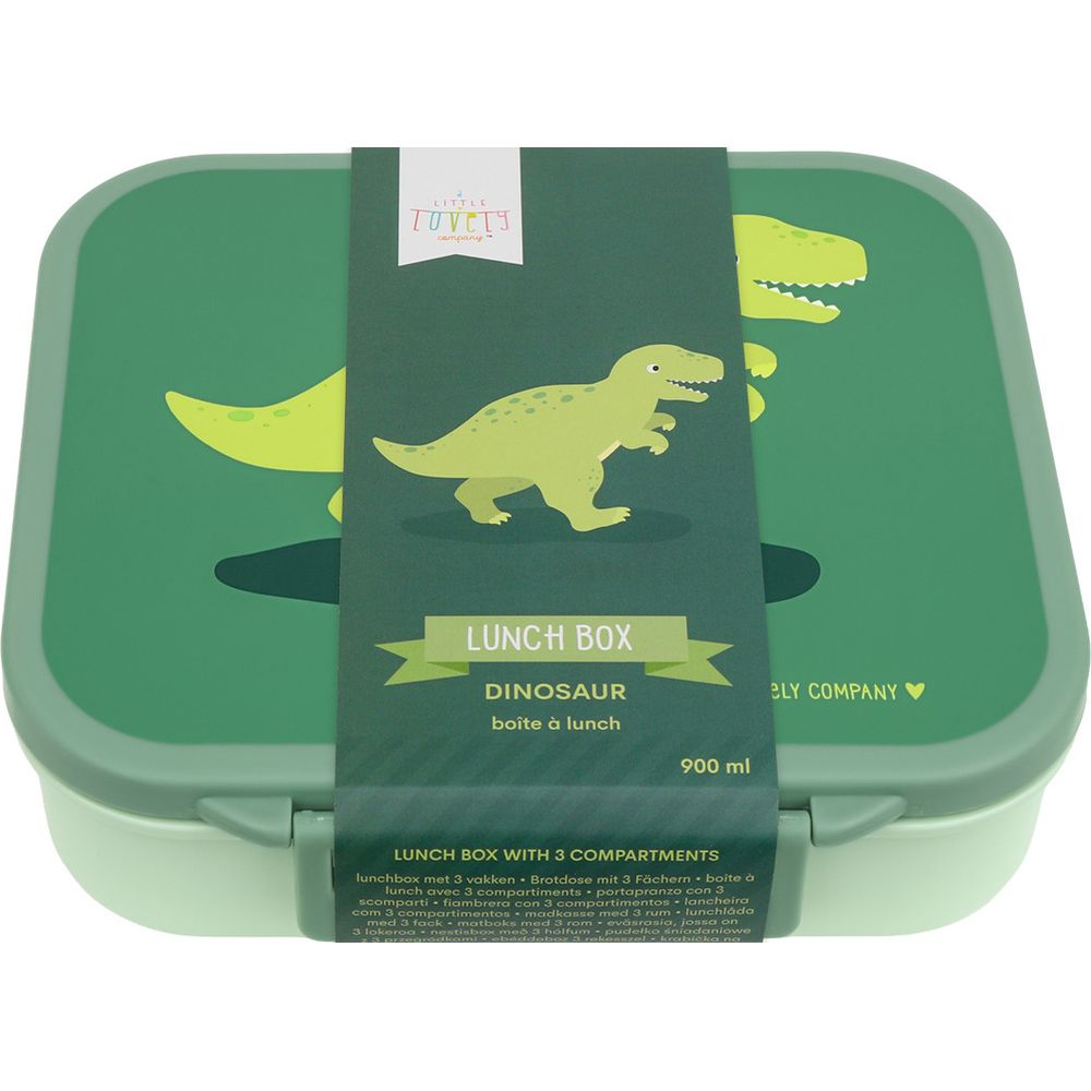Grüne Brotdose mit Dinosaurier-Aufdruck und Aufdruck 'LUNCH BOX'.