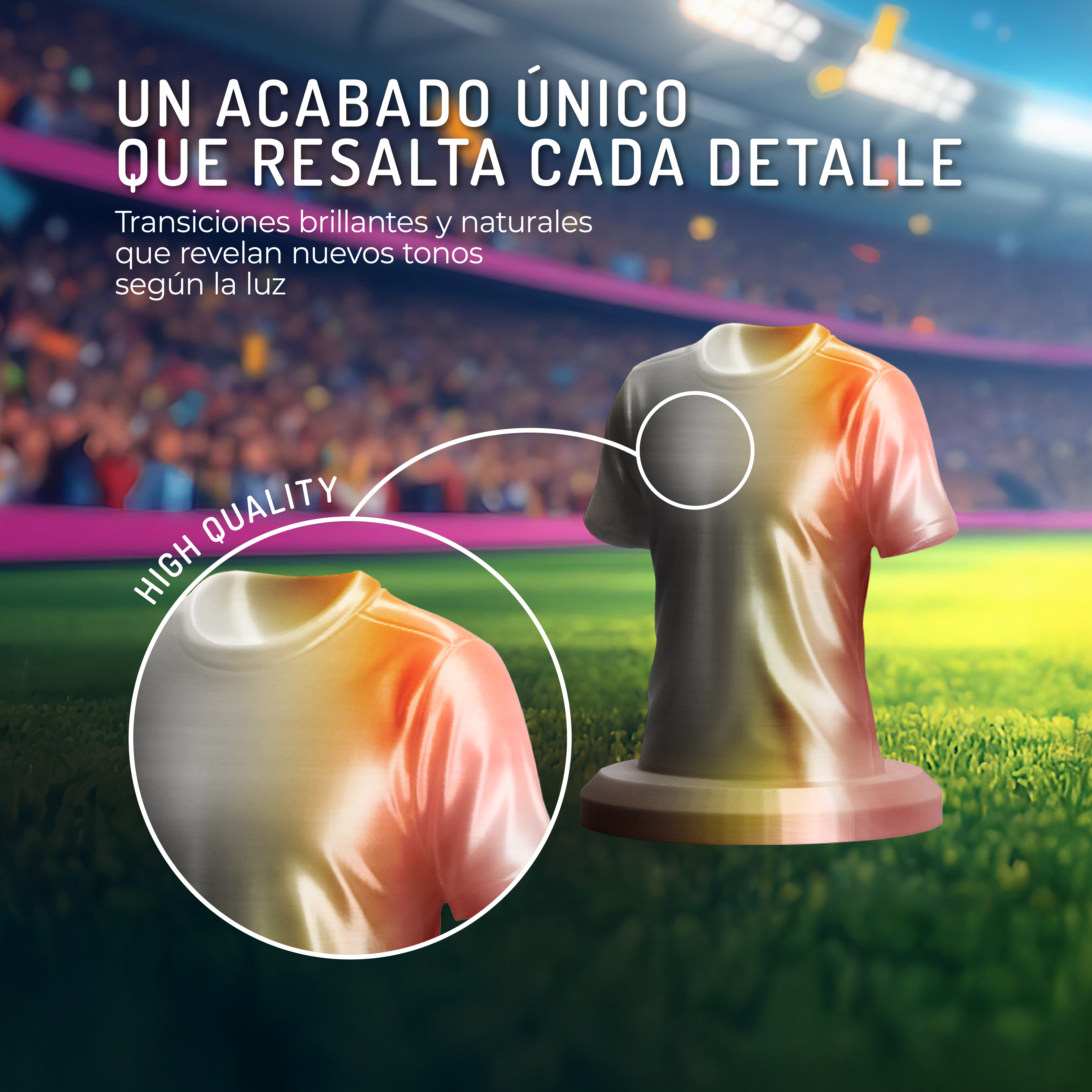 Acabado único en modelo de camiseta ante estadio, con zoom de detalle. Alta calidad.