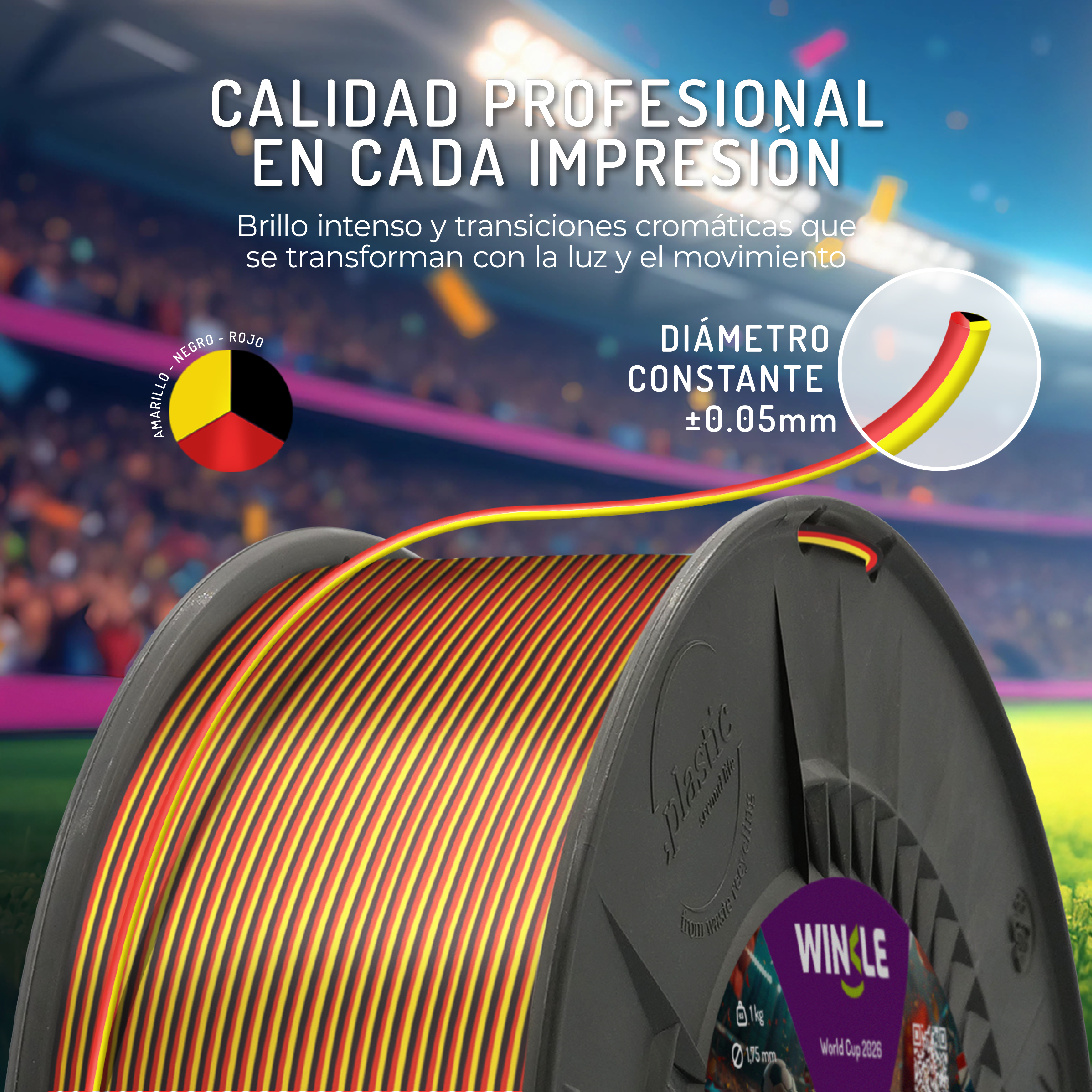 Una bobina de filamento rojo, amarillo y negro con especificaciones técnicas.