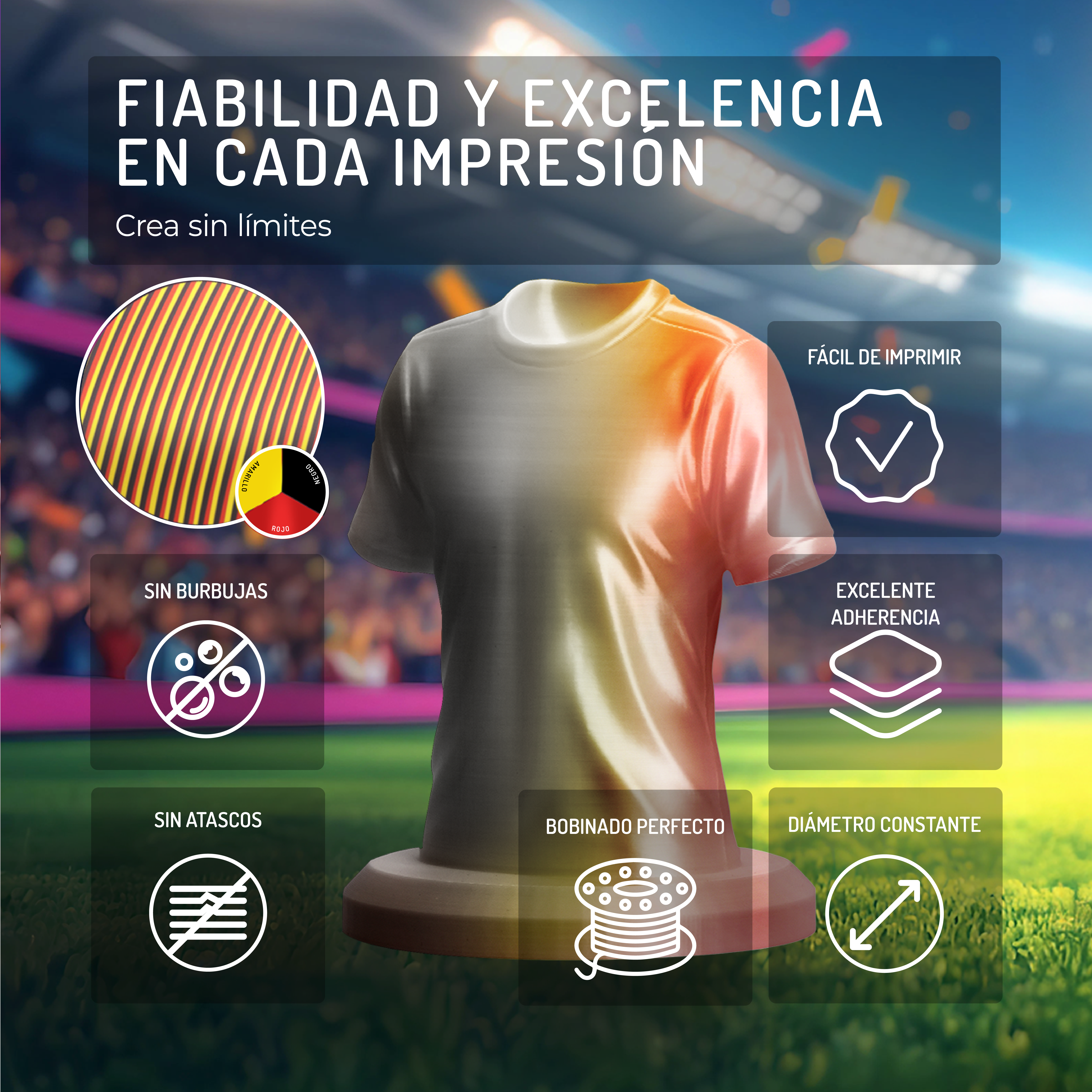 Una camiseta con cuadros de texto que resaltan características de impresión como facilidad de uso y adhesión.