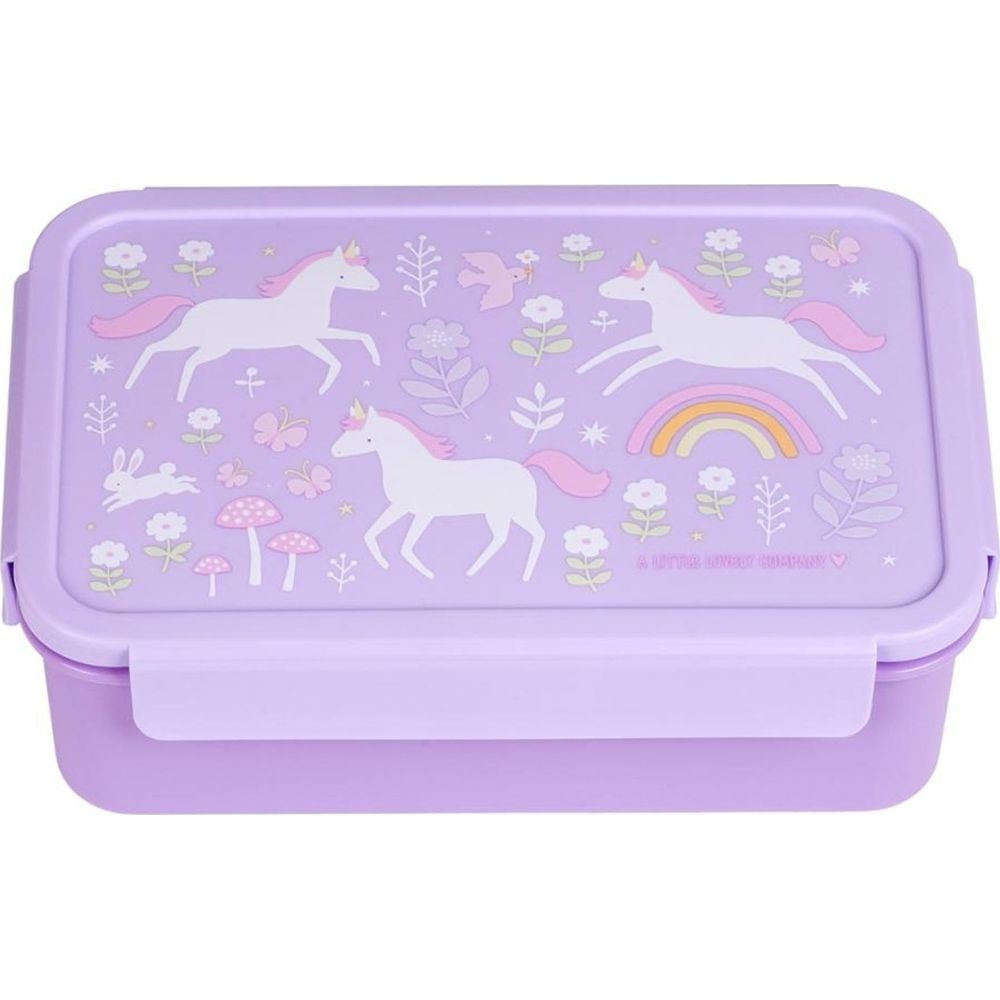 Lila Brotdose mit Einhorn-, Hasen-, Pilz- und Regenbogenmotiv.