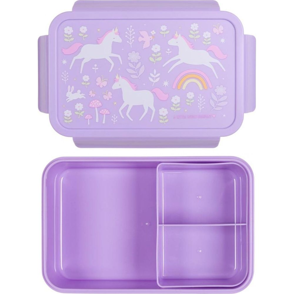 Lila Brotdose mit Einhorn- und Regenbogenmotiv. Innen aufgeteilt.
