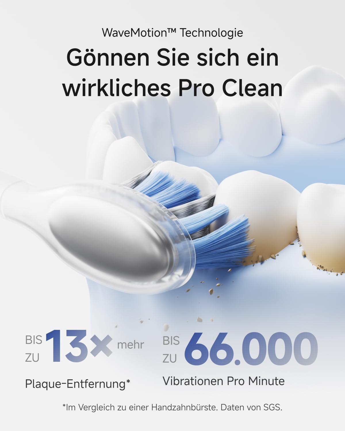 Elektrische Zahnbürste mit blauen Borsten reinigt Zähne. Bis zu 13x mehr Plaque-Entfernung.